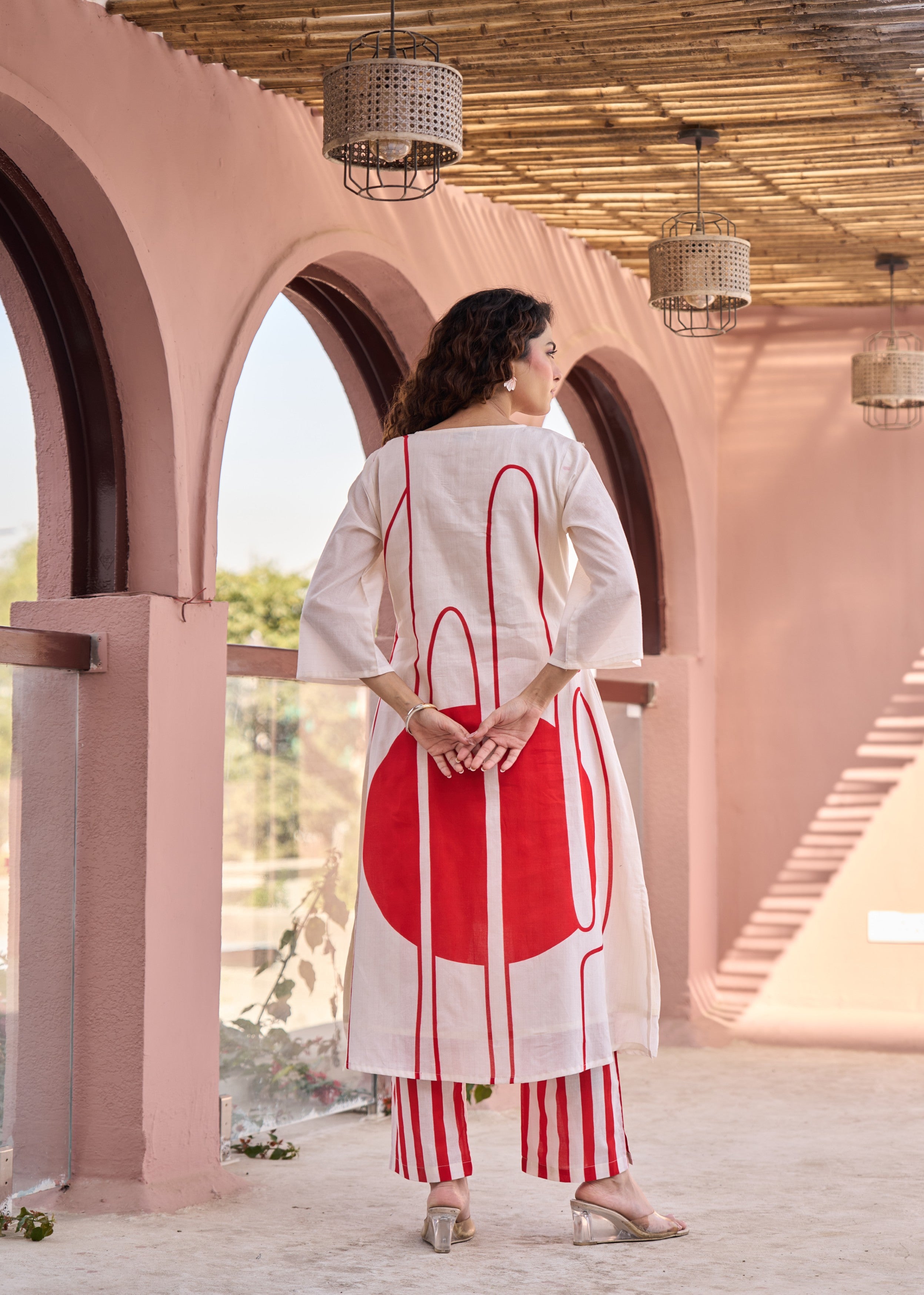 Ivory & Bold Red Abstract Printed Cotton Kurta Set