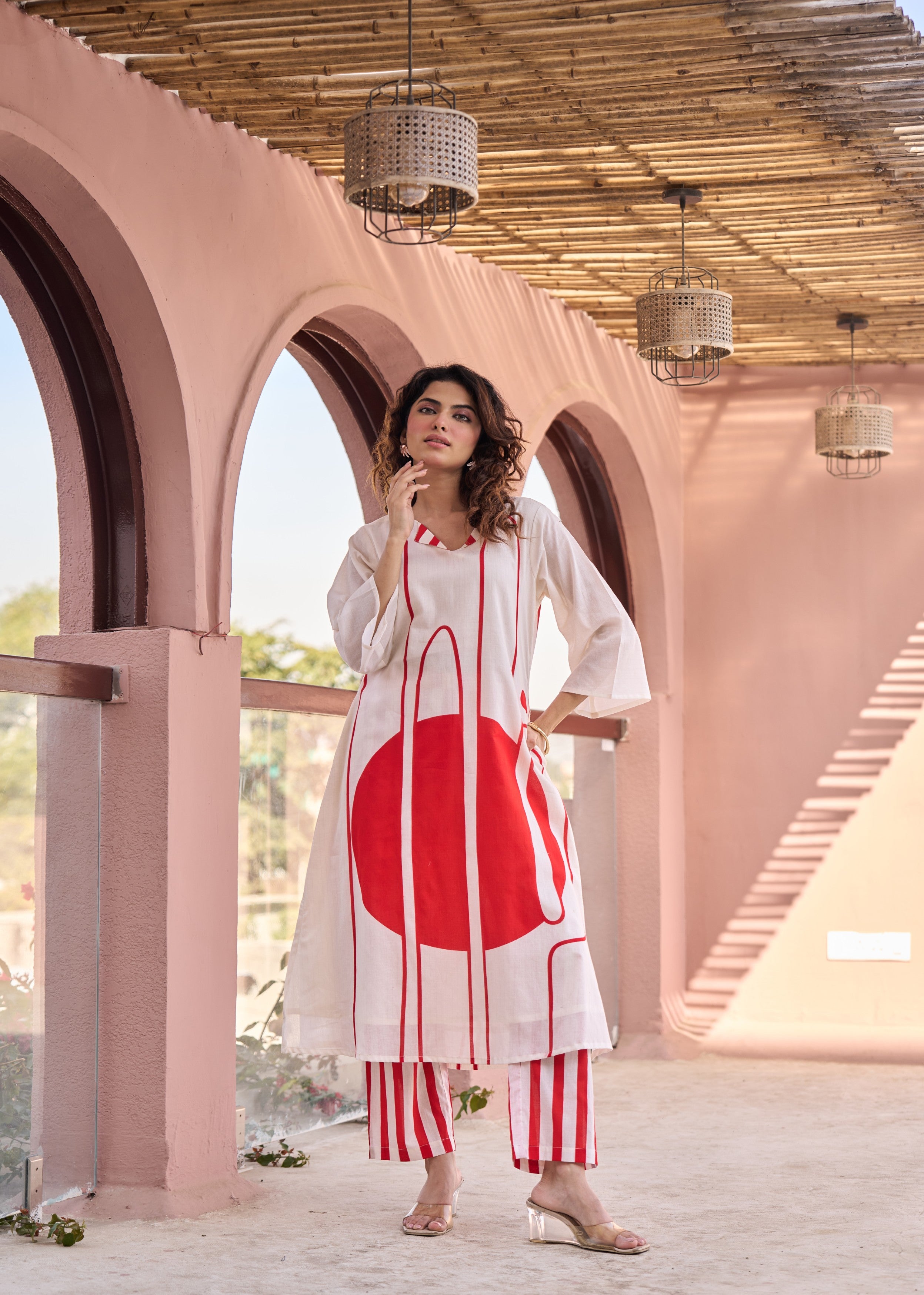 Ivory & Bold Red Abstract Printed Cotton Kurta Set