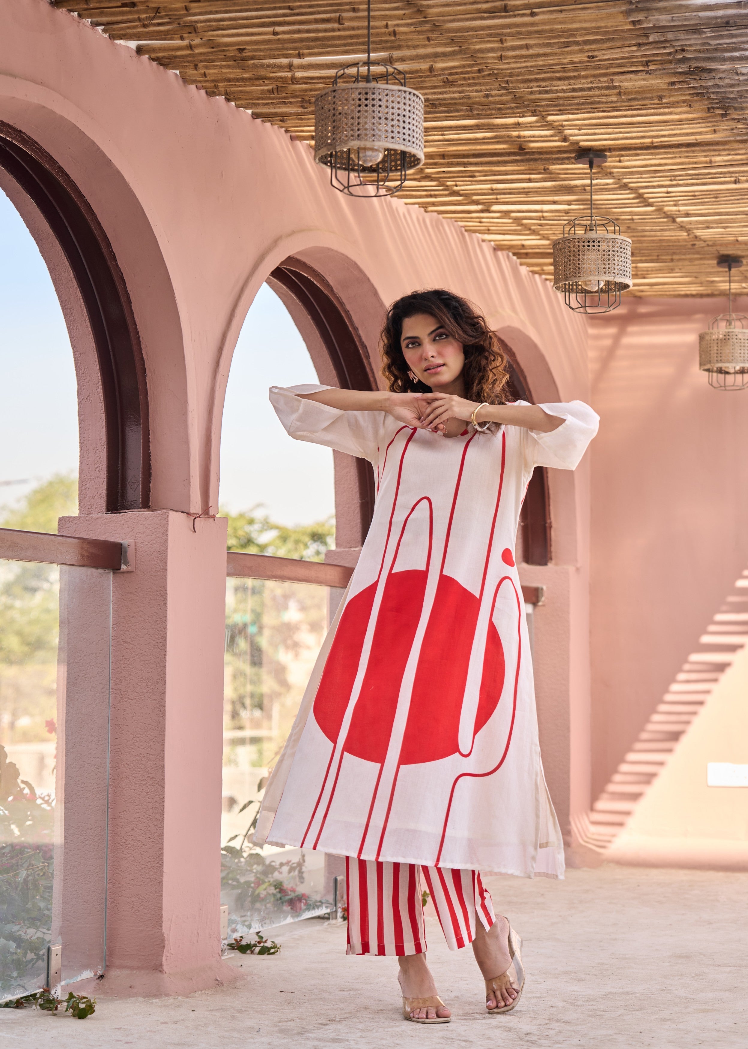 Ivory & Bold Red Abstract Printed Cotton Kurta Set