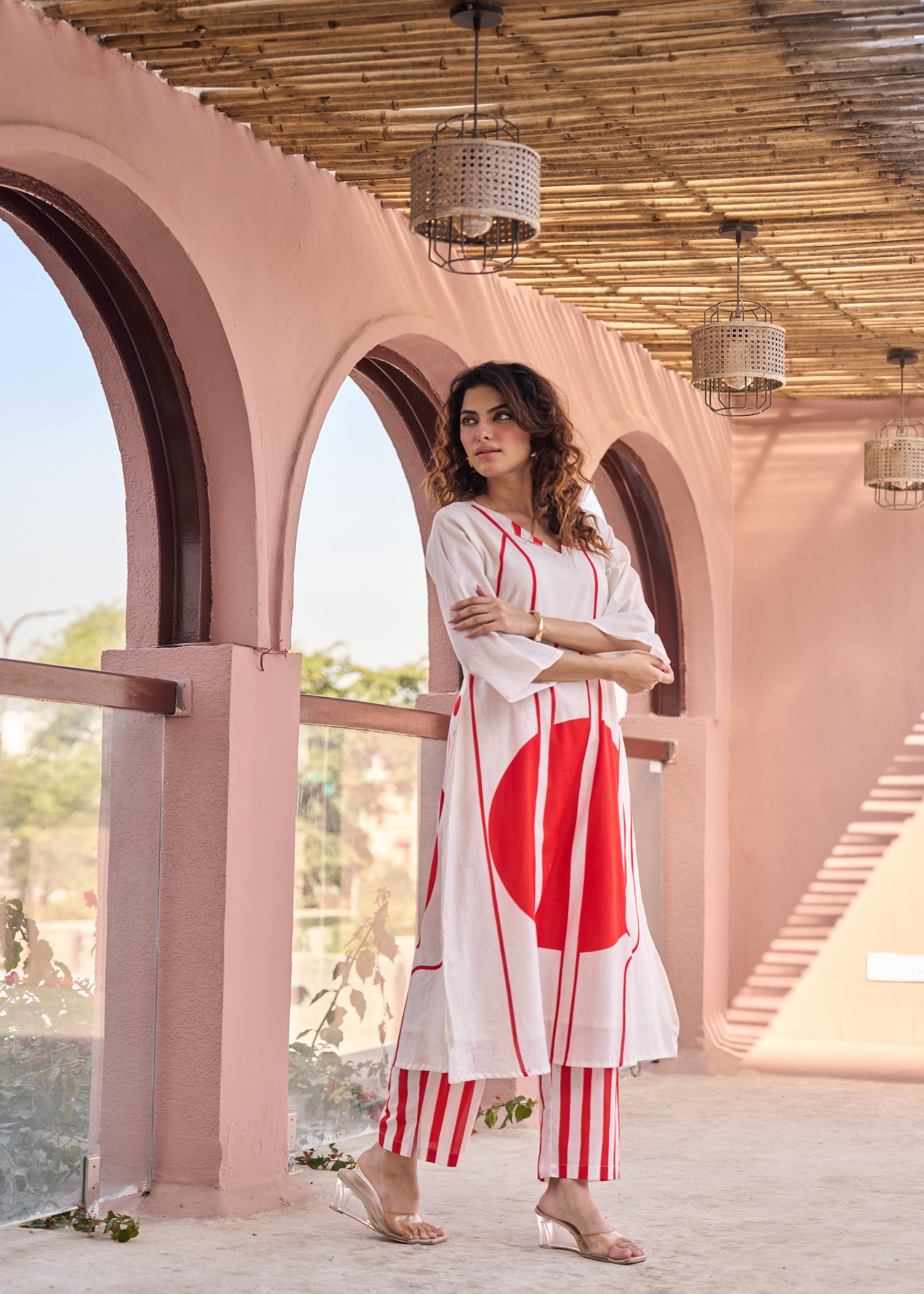 Ivory & Bold Red Abstract Printed Cotton Kurta Set