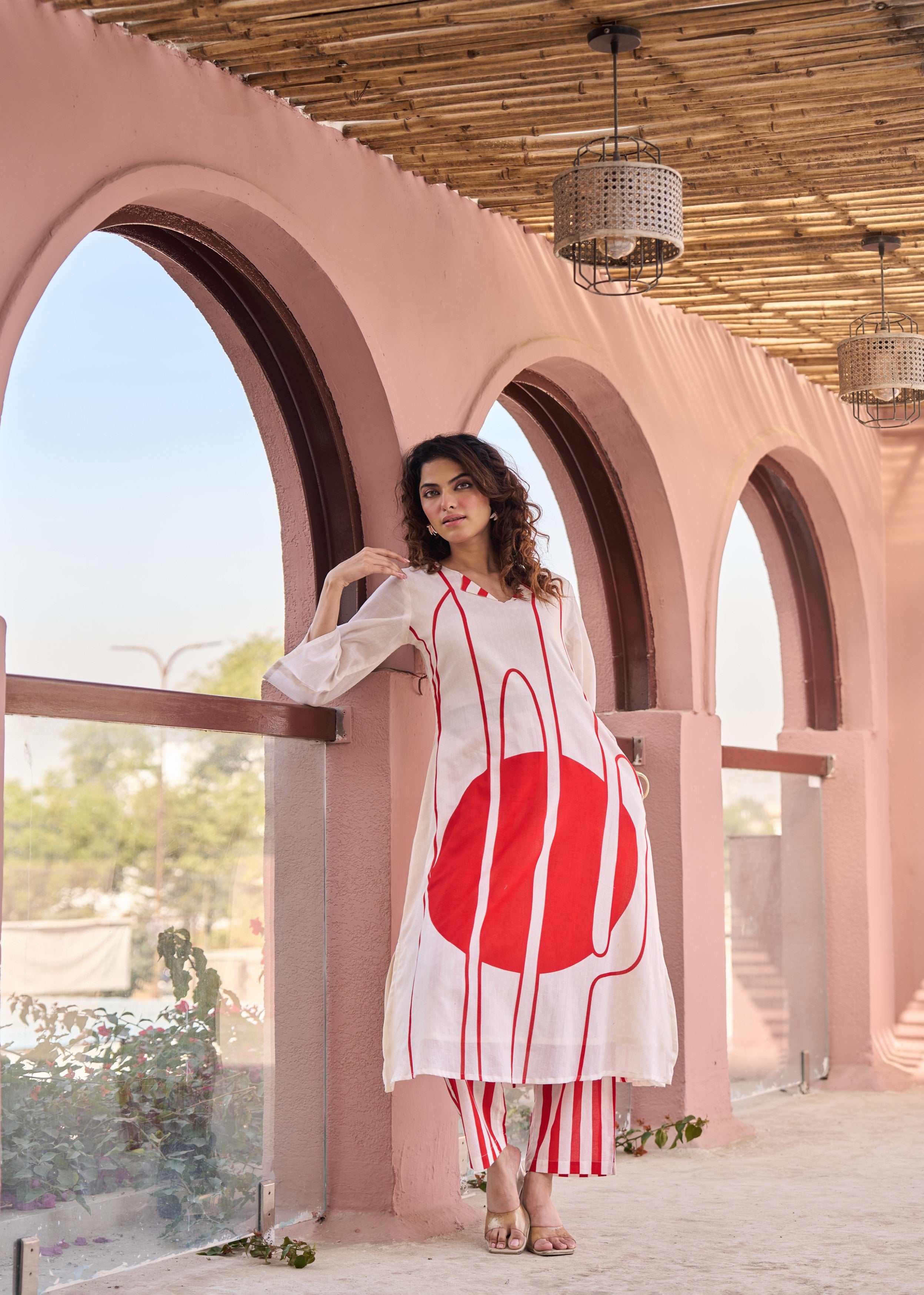 Ivory & Bold Red Abstract Printed Cotton Kurta Set