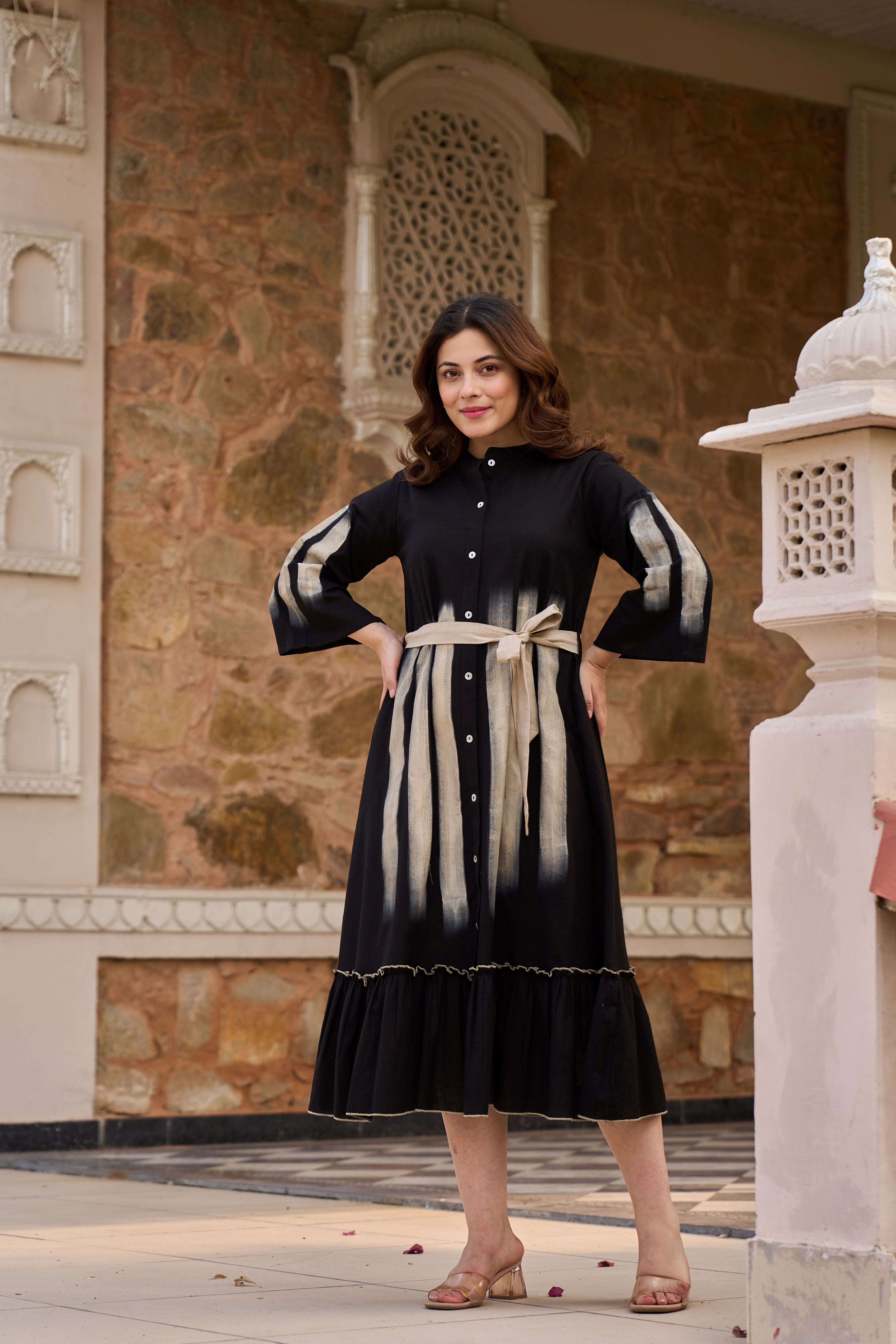 Ebony Hand-Painted Cotton Linen Midi Dress