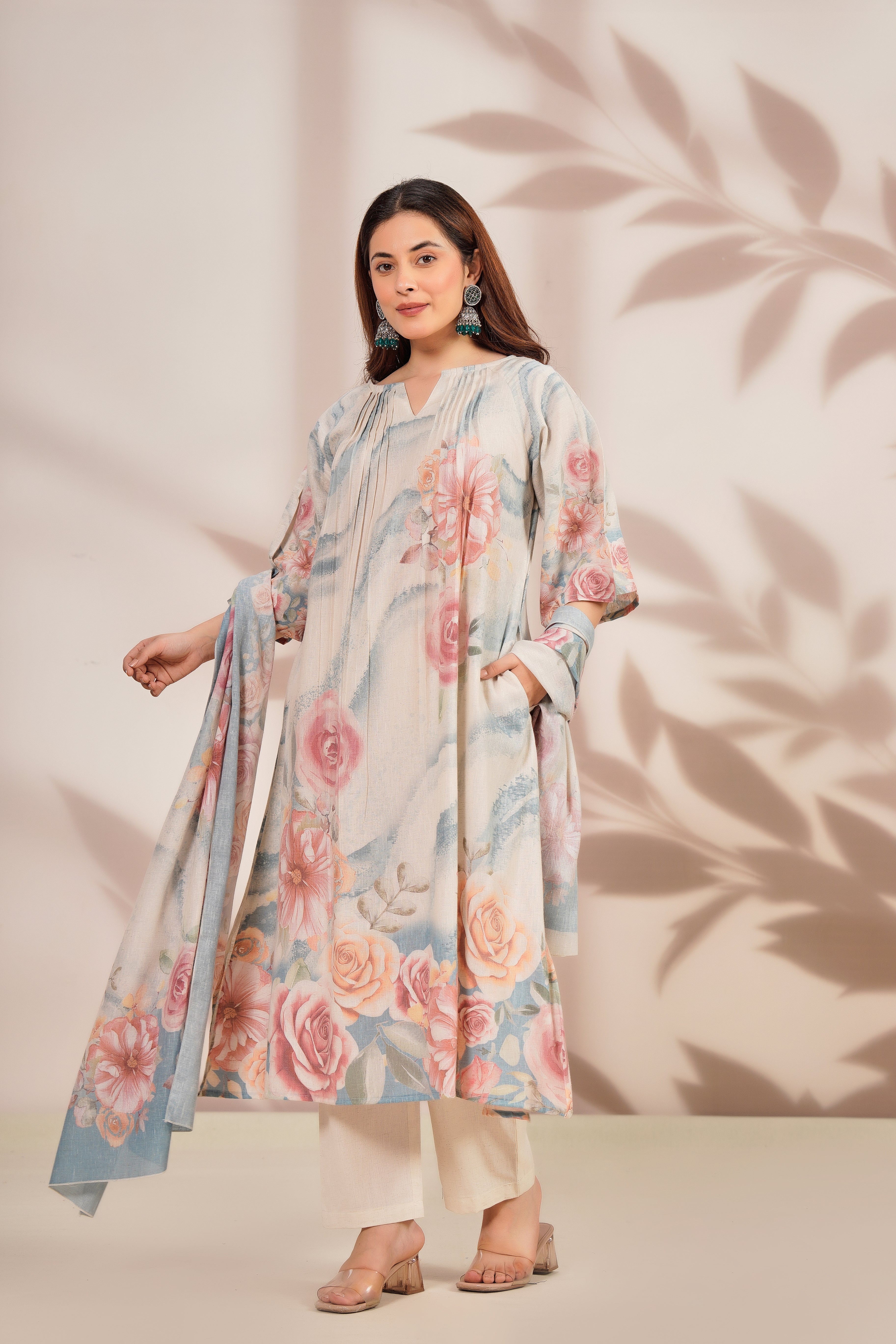 Pastel Charm Printed Cotton Linen Kurta Set
