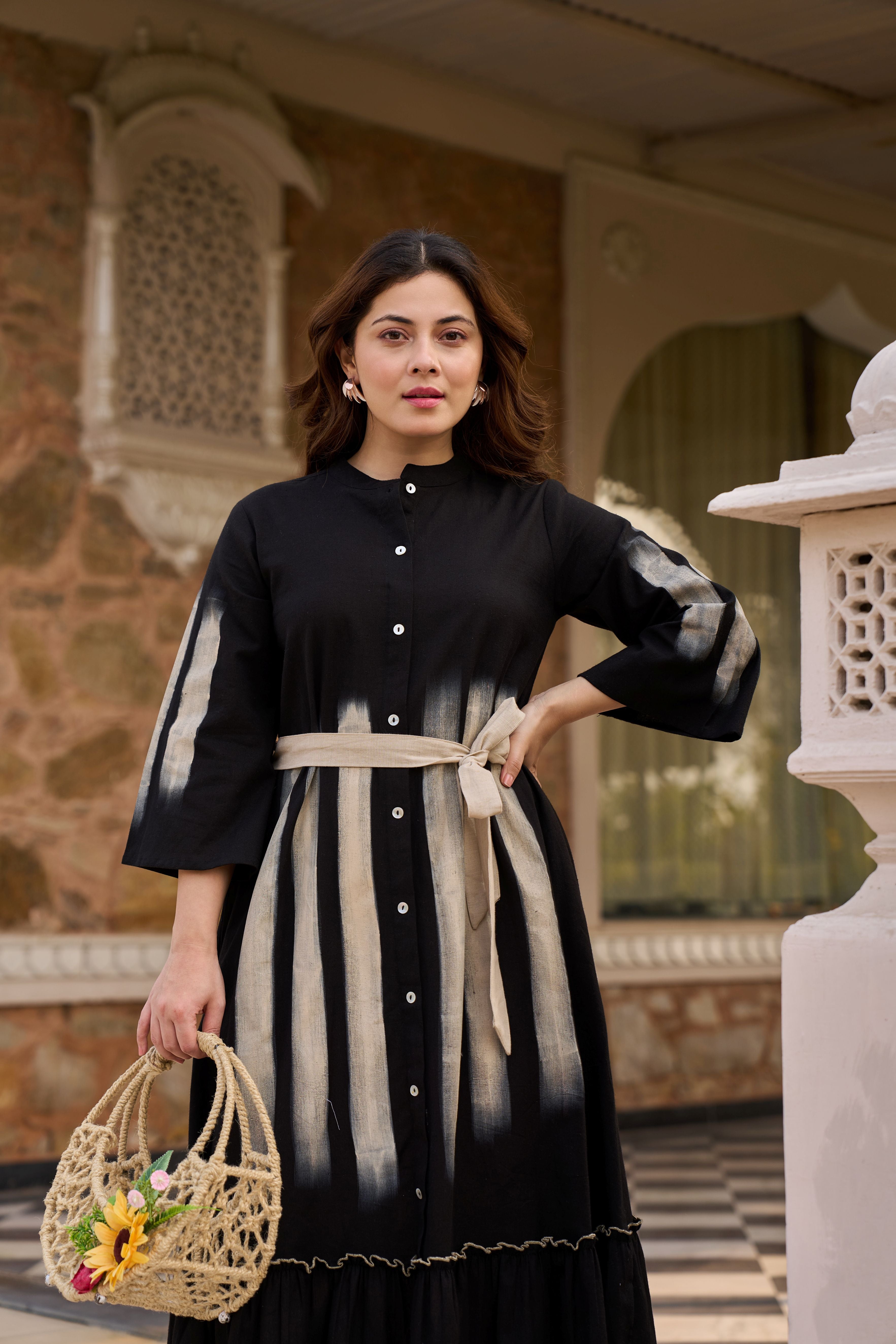 Ebony Hand-Painted Cotton Linen Midi Dress