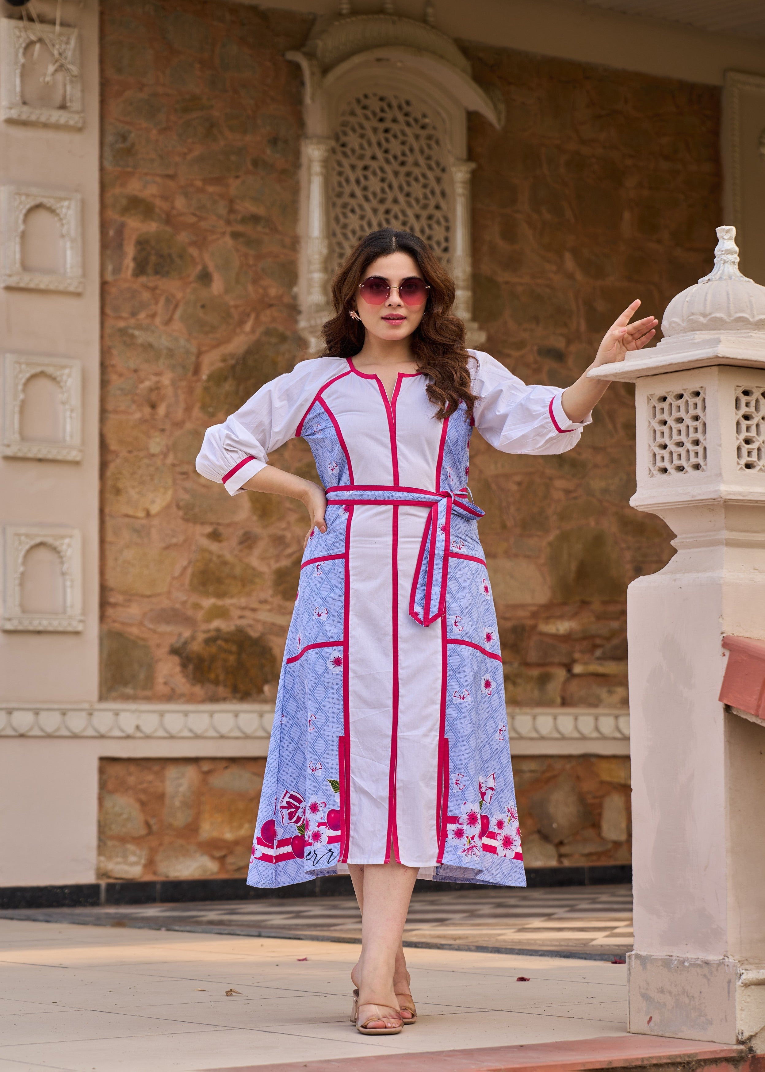 Blue and White Panelled Cotton Dress