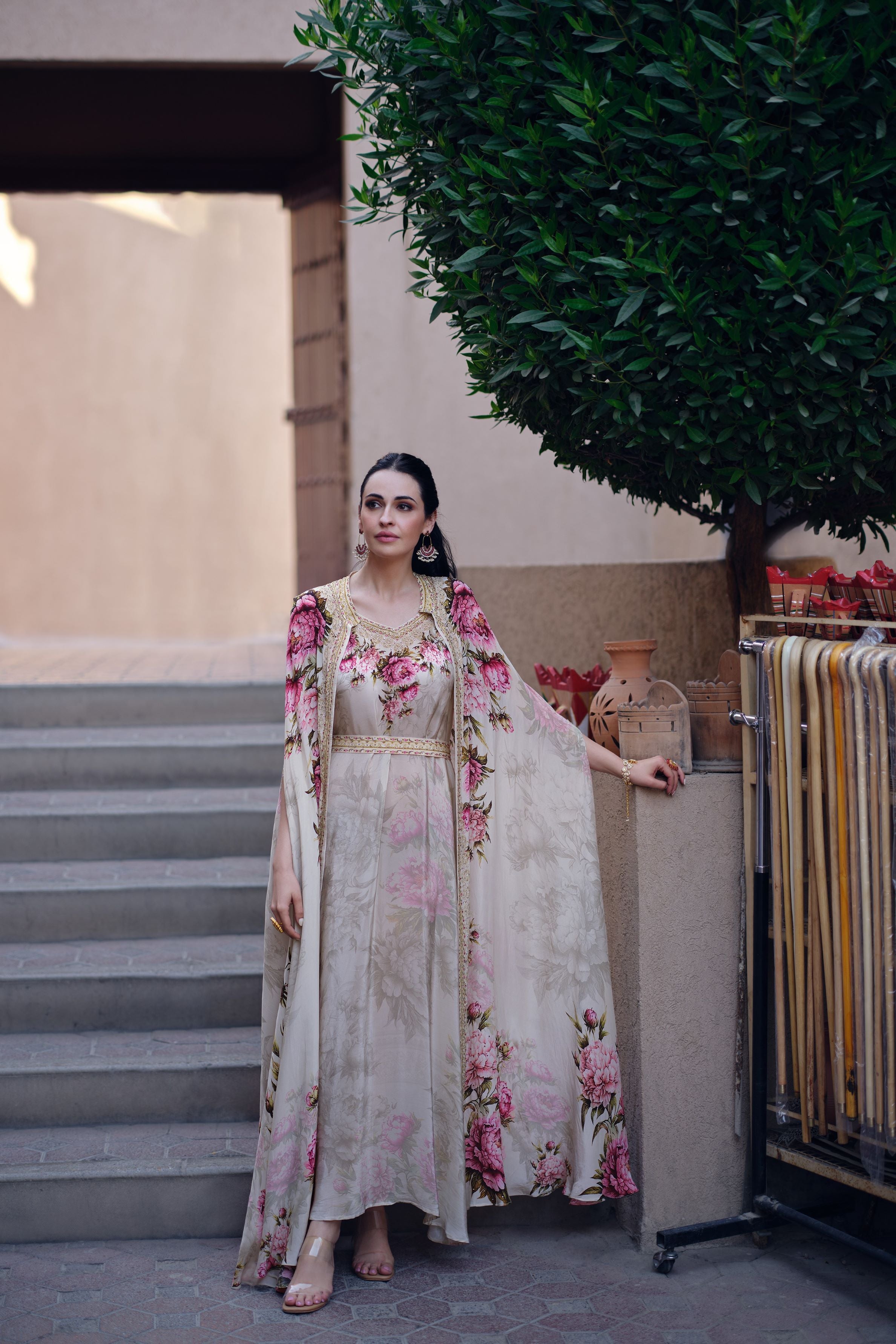 Soft Beige Floral Luxe Jacket Gown