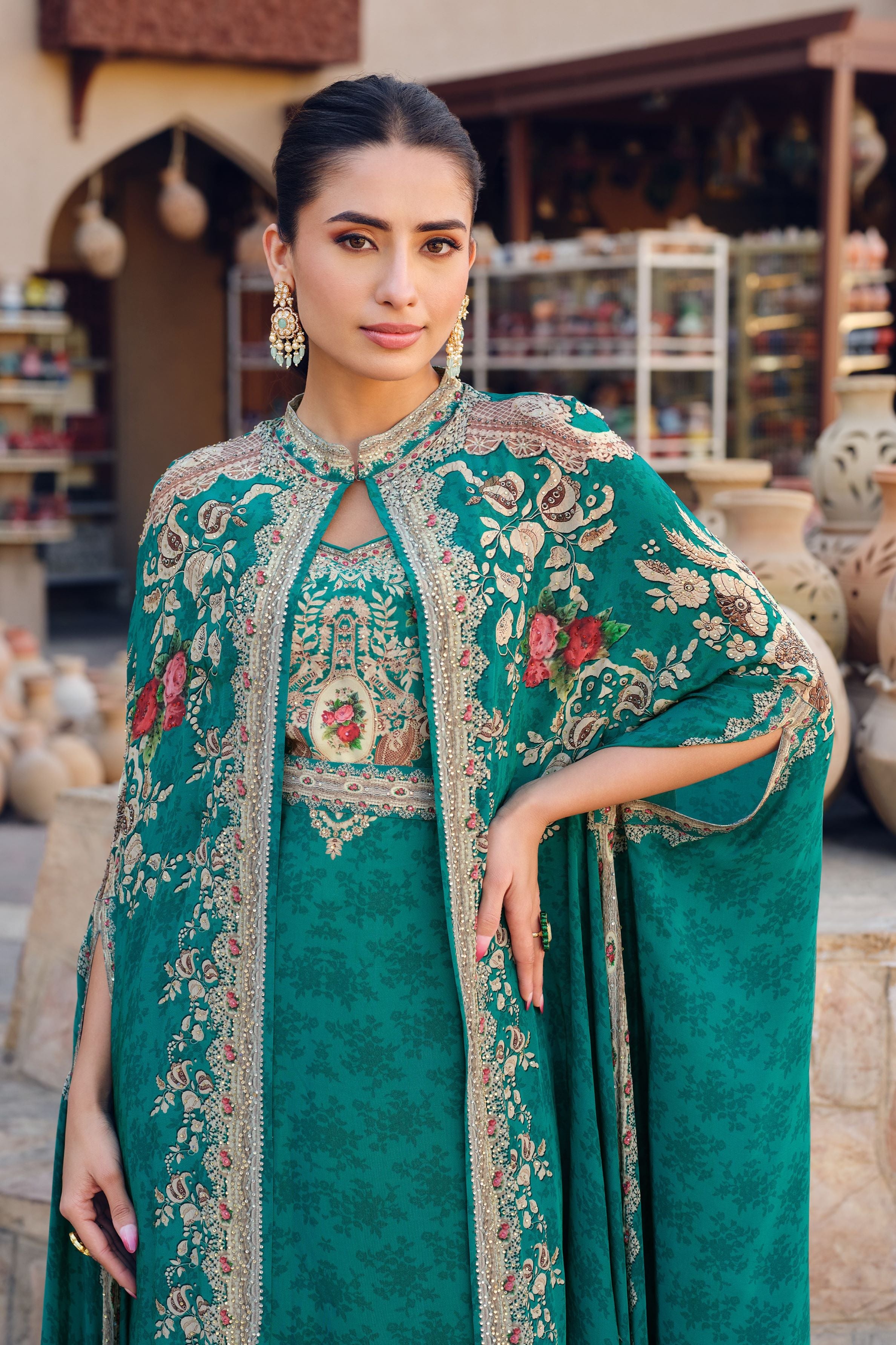 Emerald Teal Printed Gown Jacket