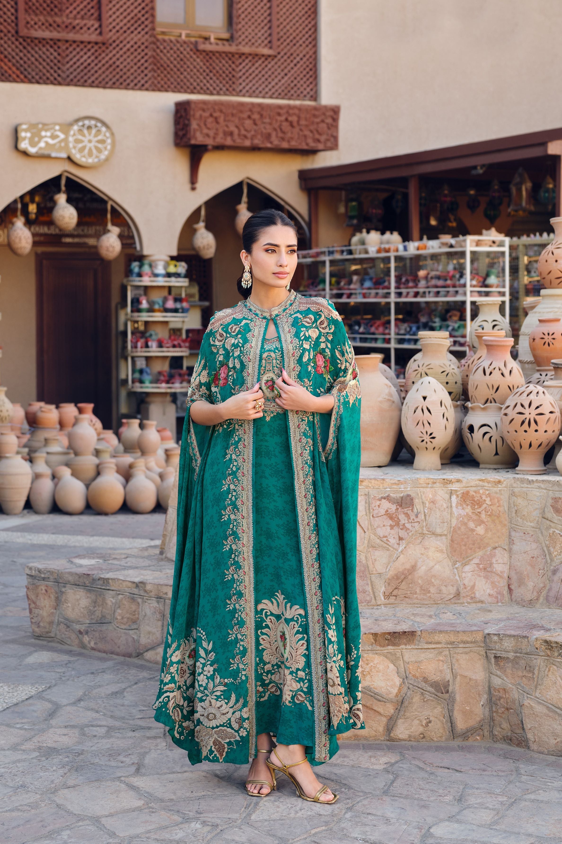 Emerald Teal Printed Gown Jacket