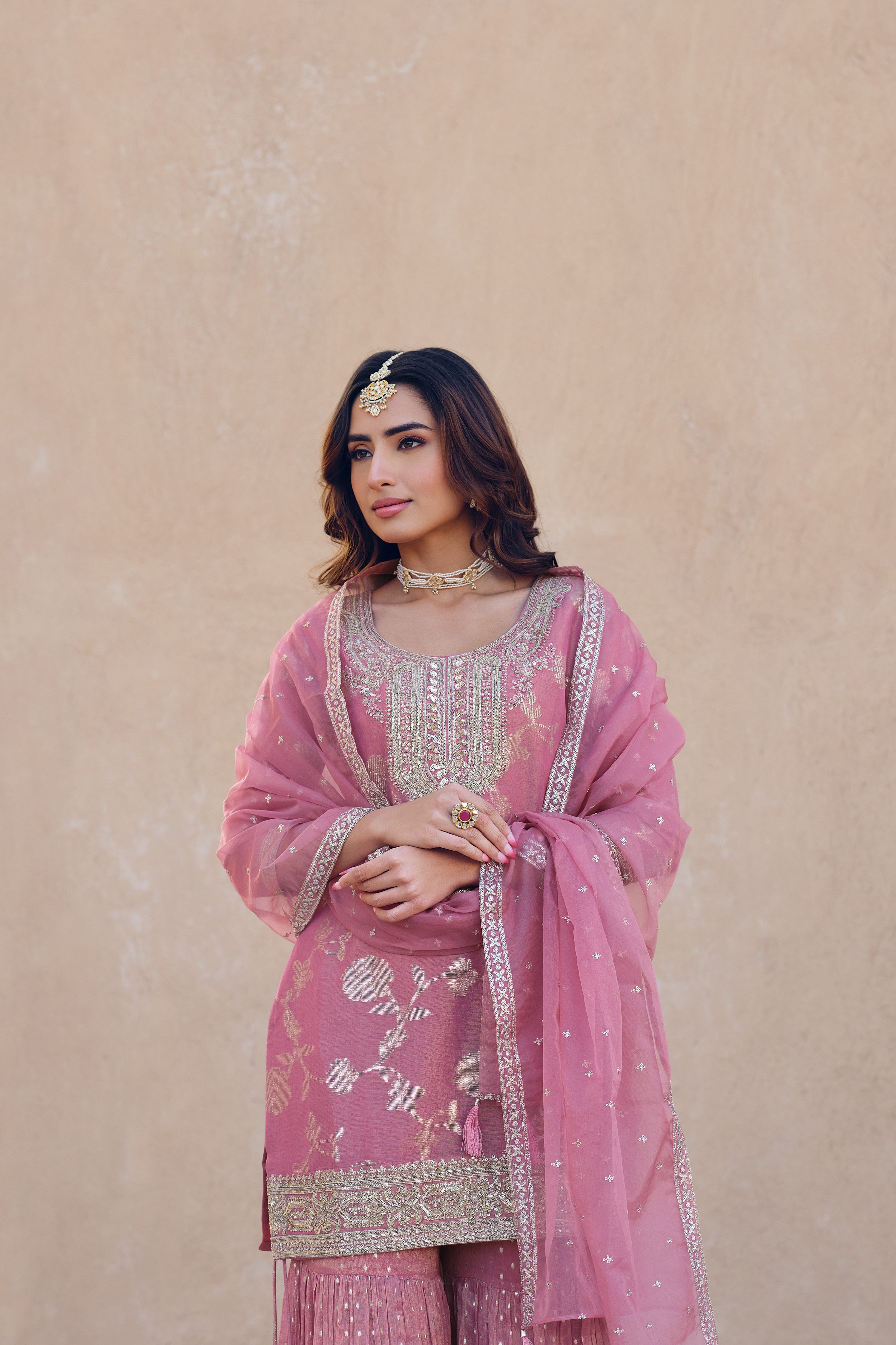 Coral Pink Tissue Sharara Set