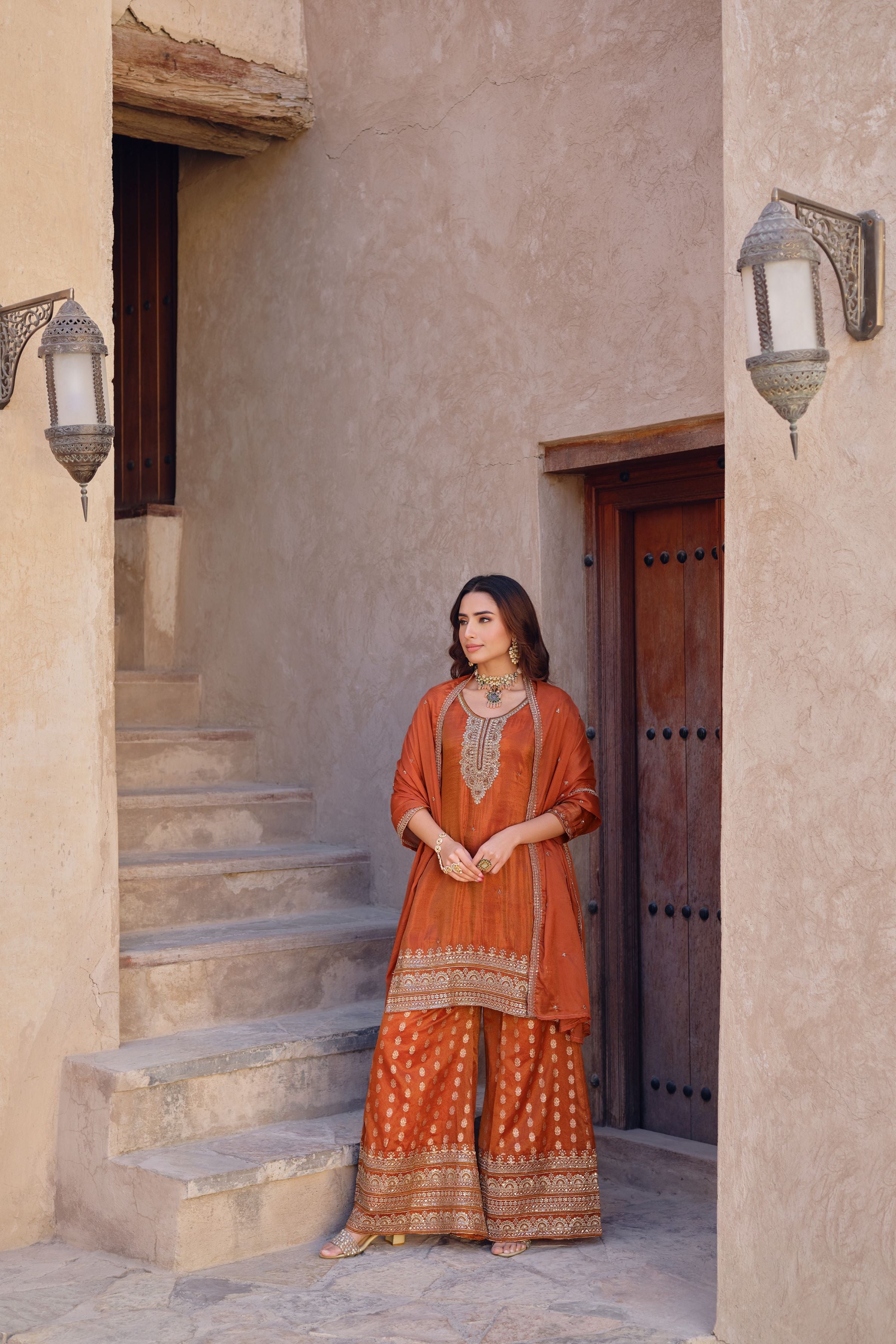 Vibrant Orange Shimmer Palazzo Set