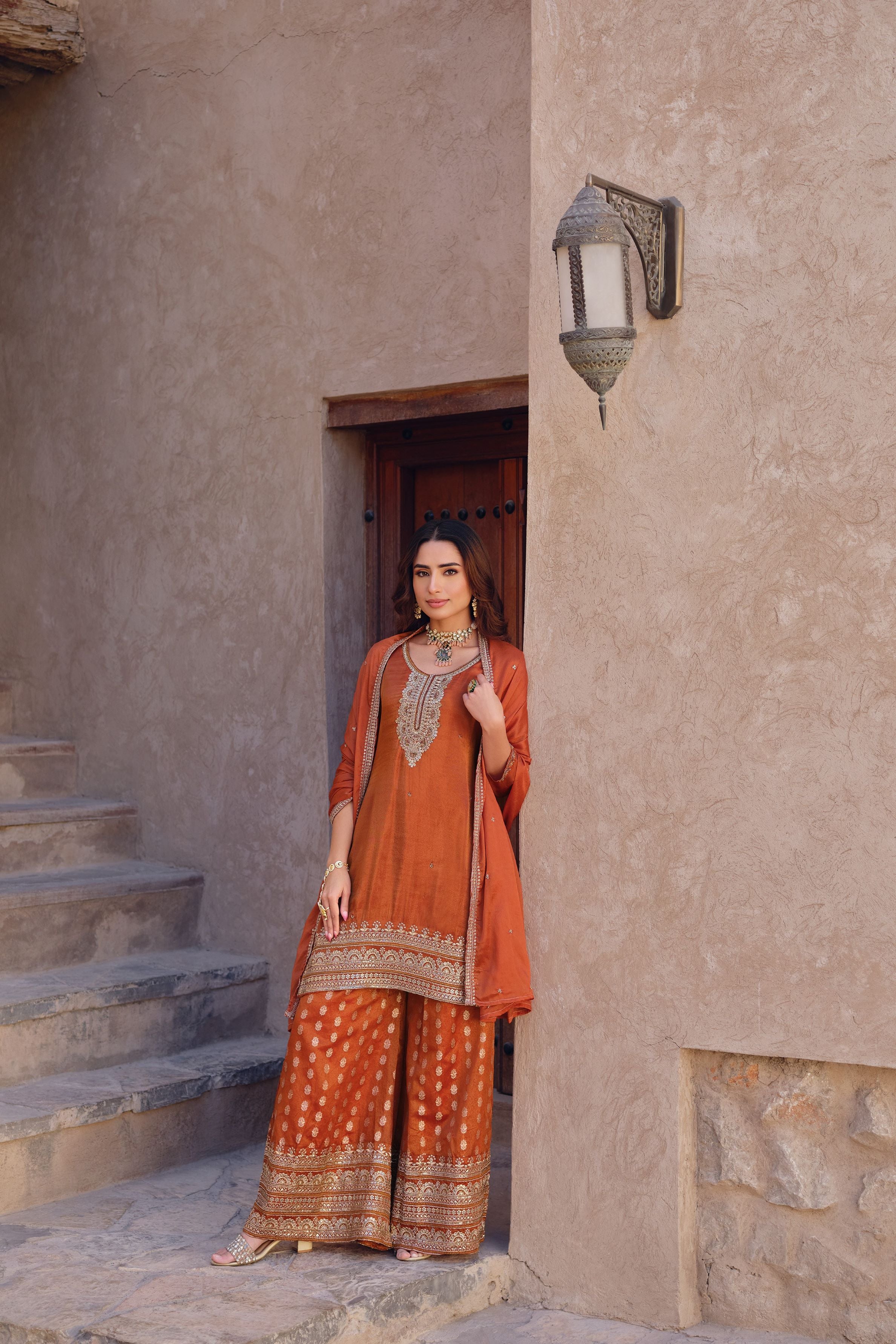 Vibrant Orange Shimmer Palazzo Set