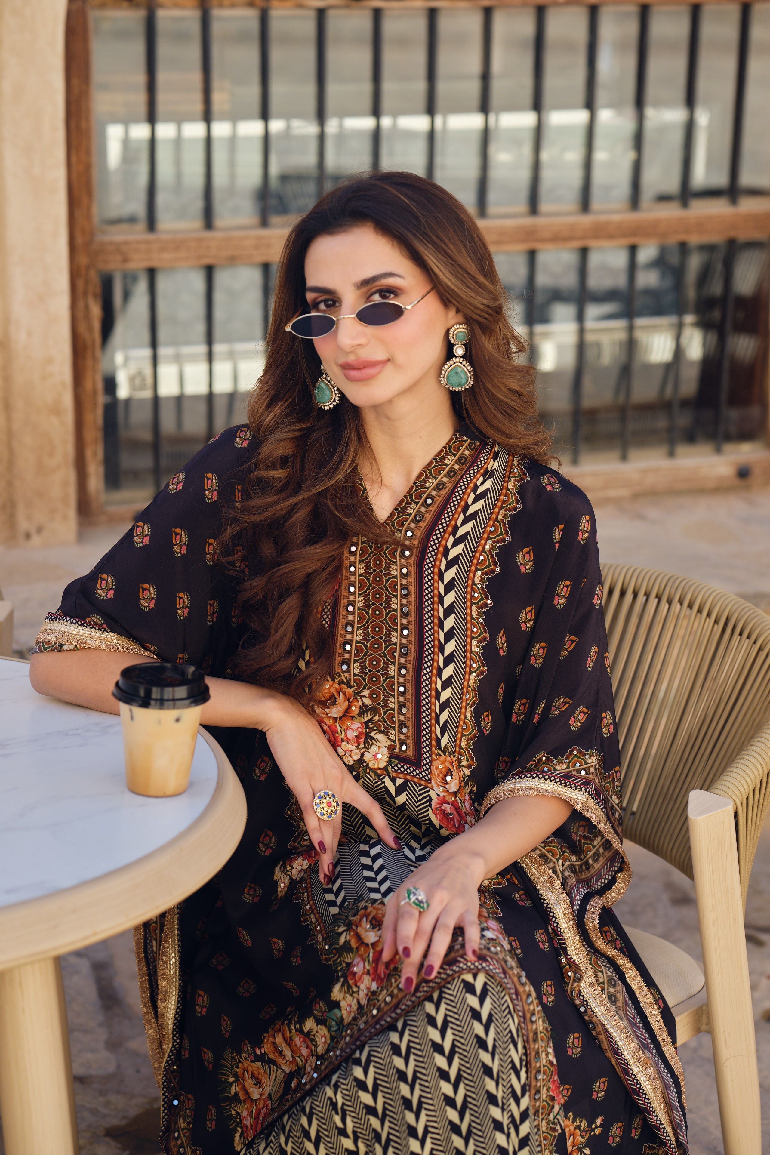 Mughal Deep Black Printed Kaftan Set