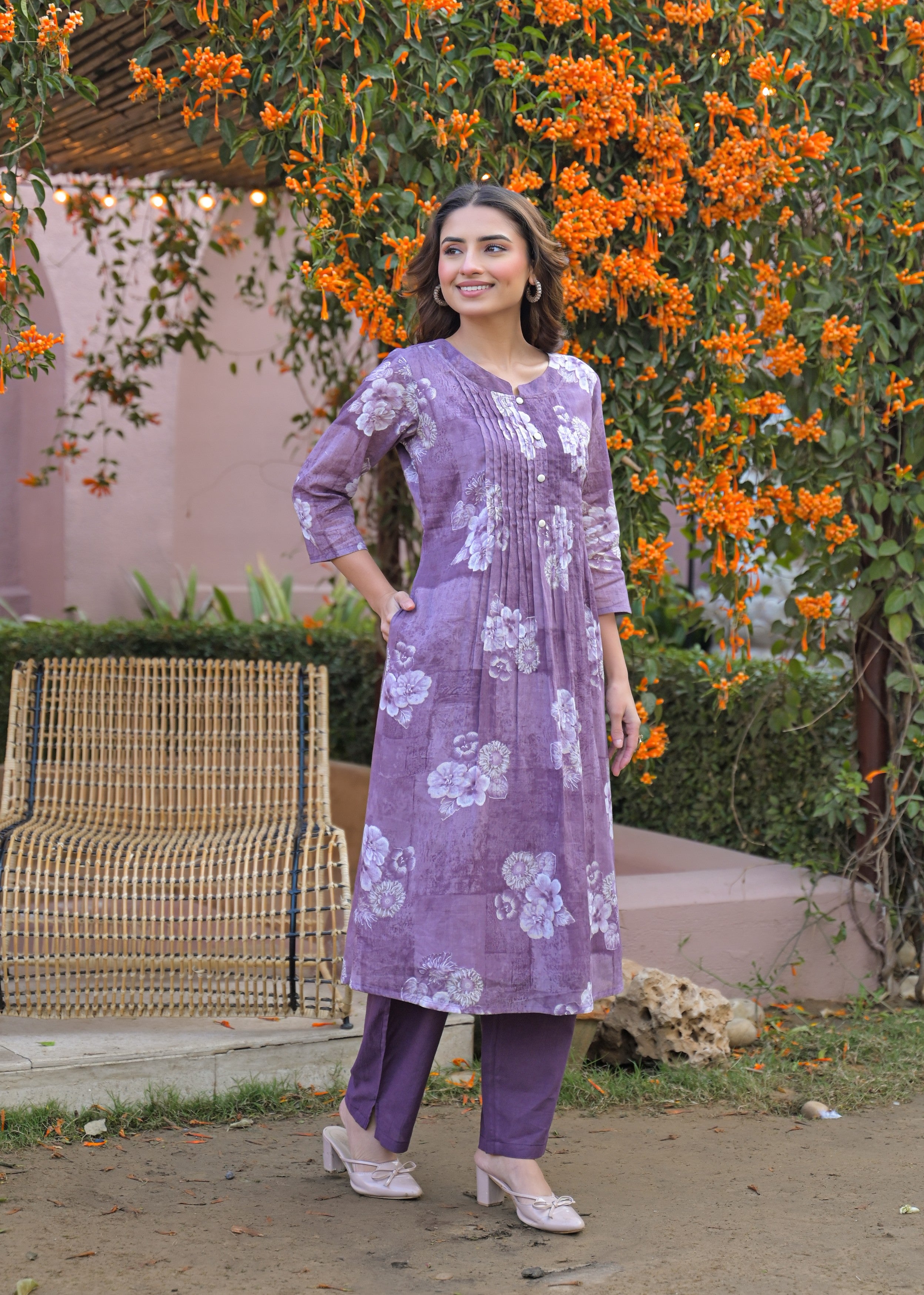 Dusty Mauve Floral Printed Cotton Kurta Set