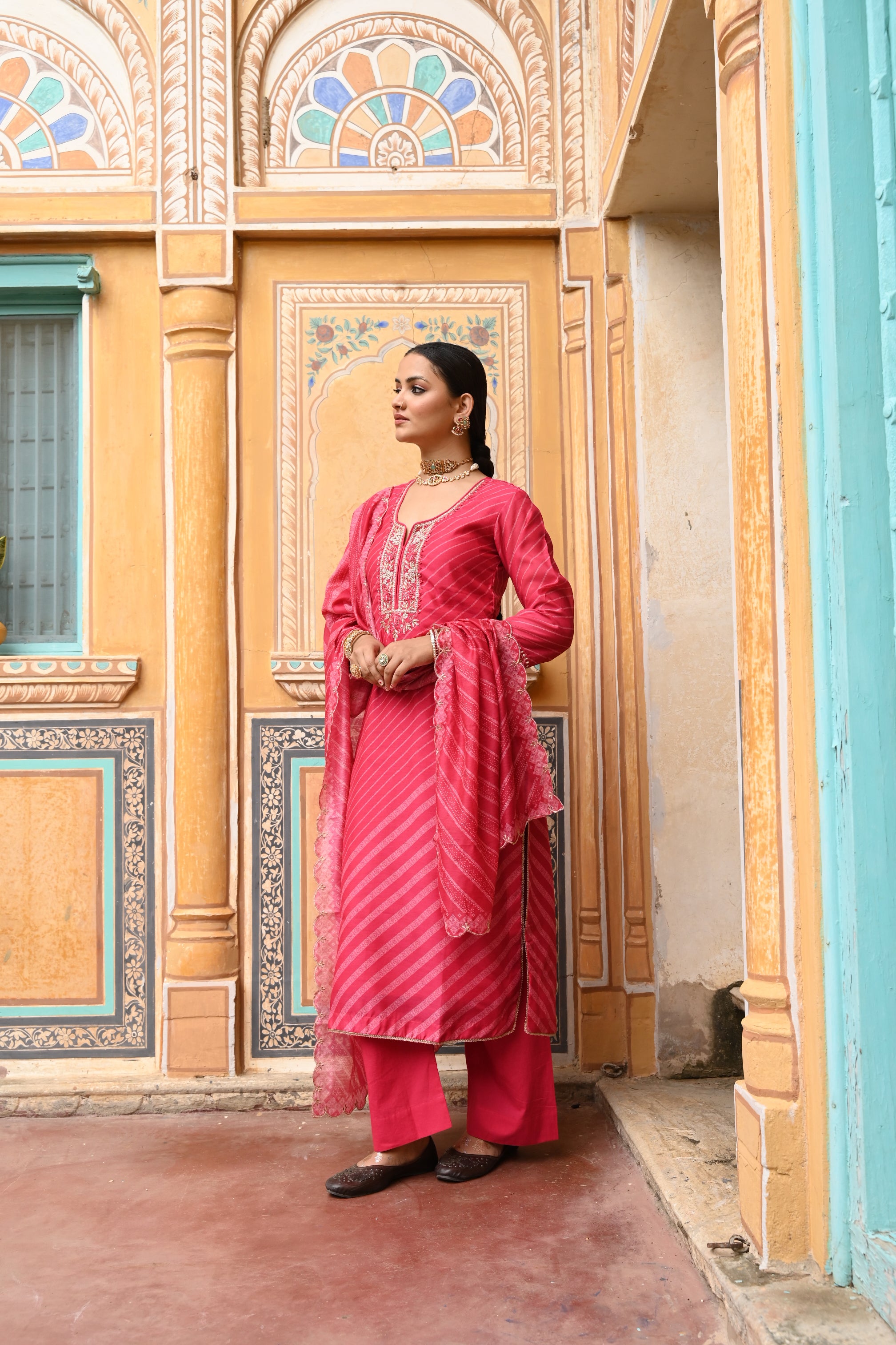 Coral Pink Embellished Chanderi Silk Pant Set