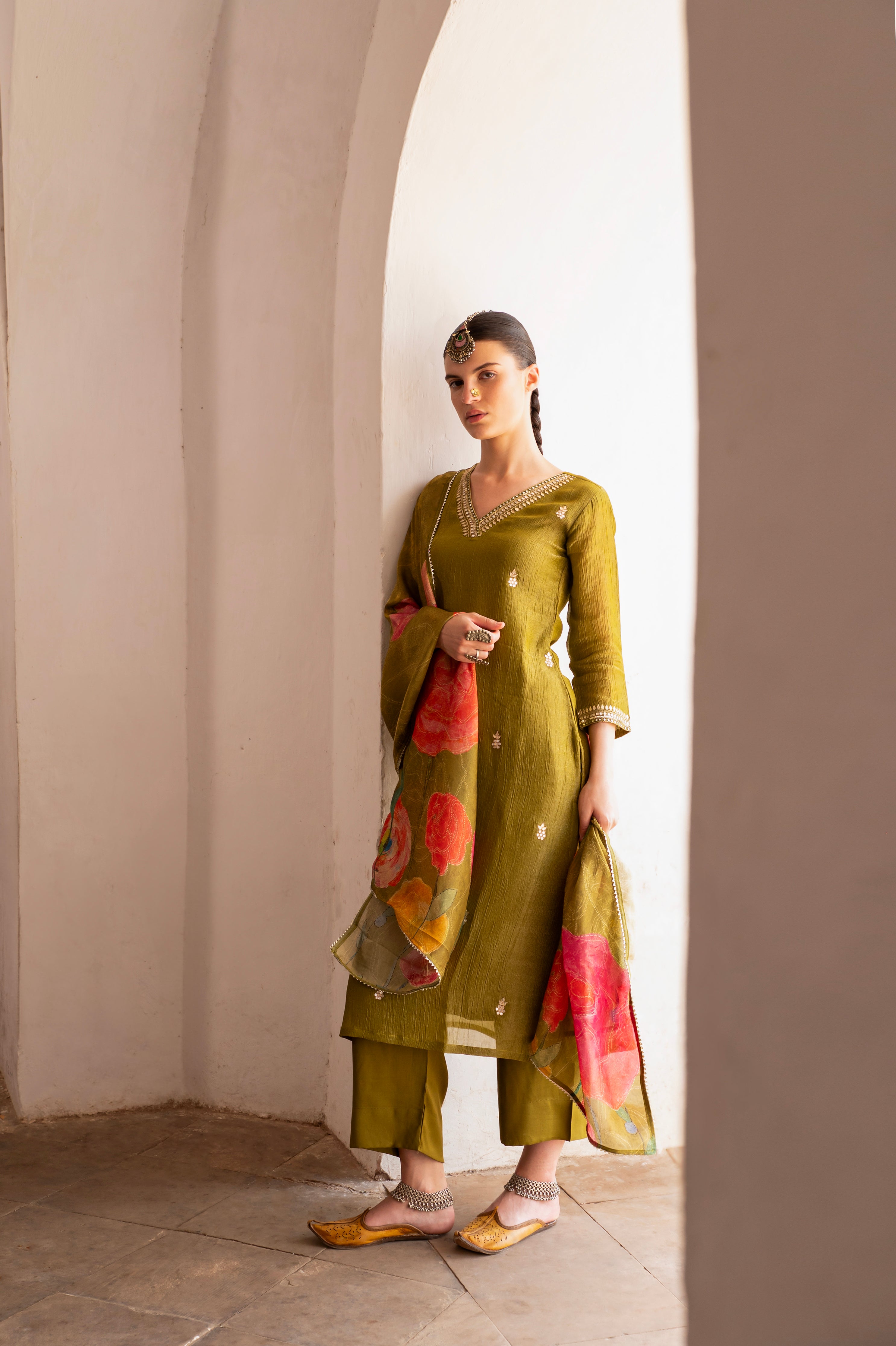 Olive Green Embellished Crushed Tissue Silk Pant Set