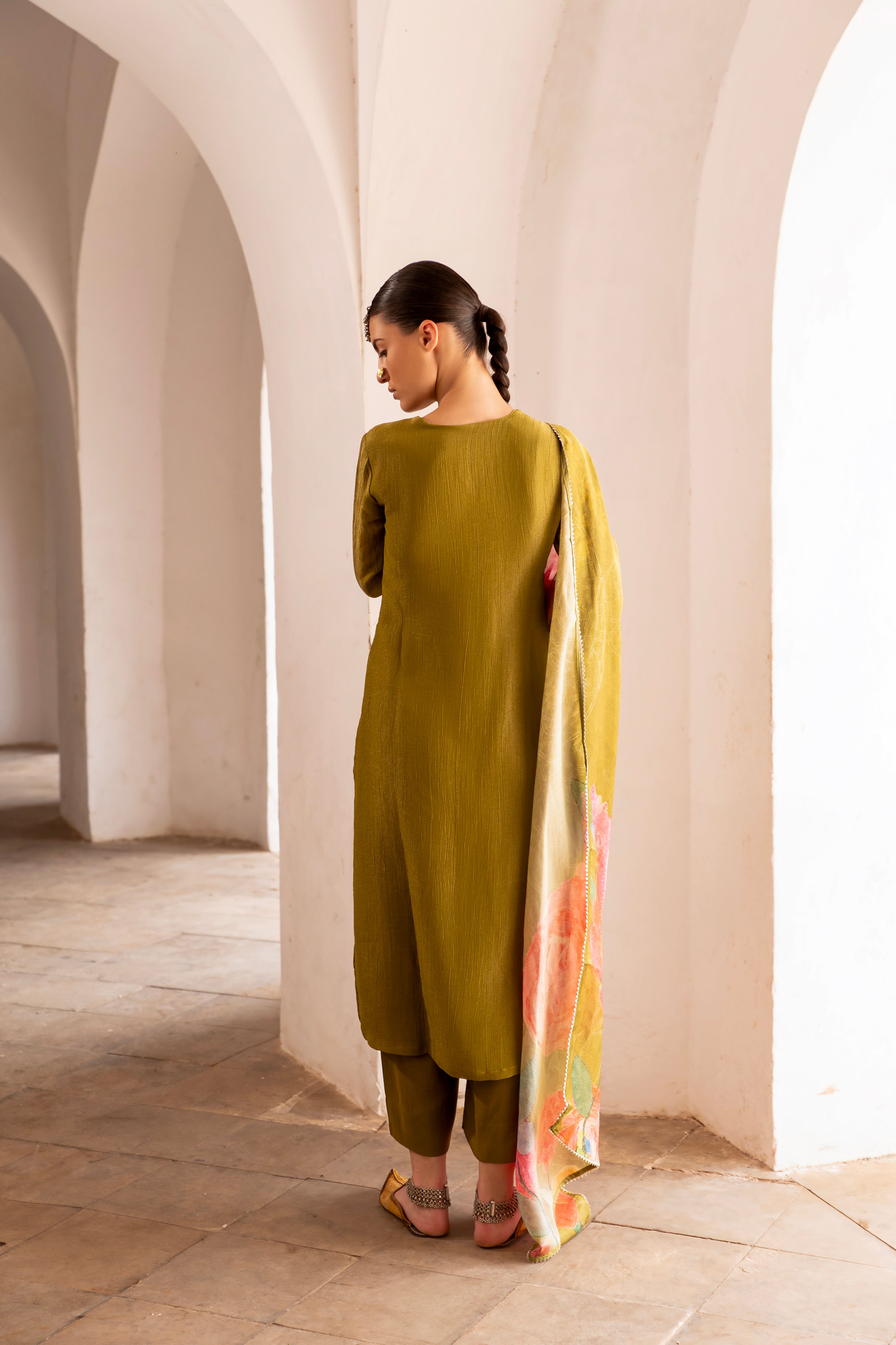 Olive Green Embellished Crushed Tissue Silk Pant Set