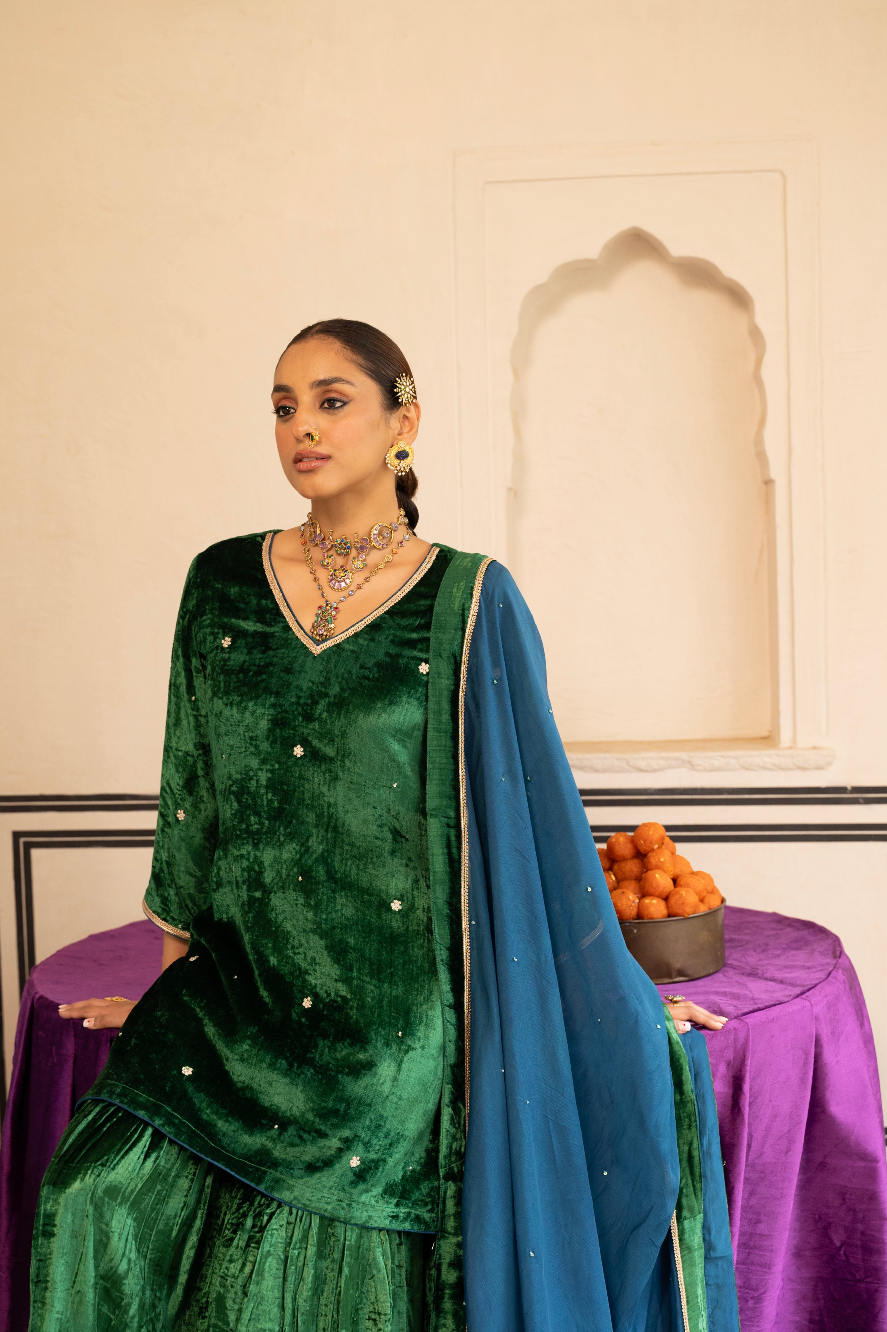 Emerald Green Embellished Premium Velvet Sharara Set