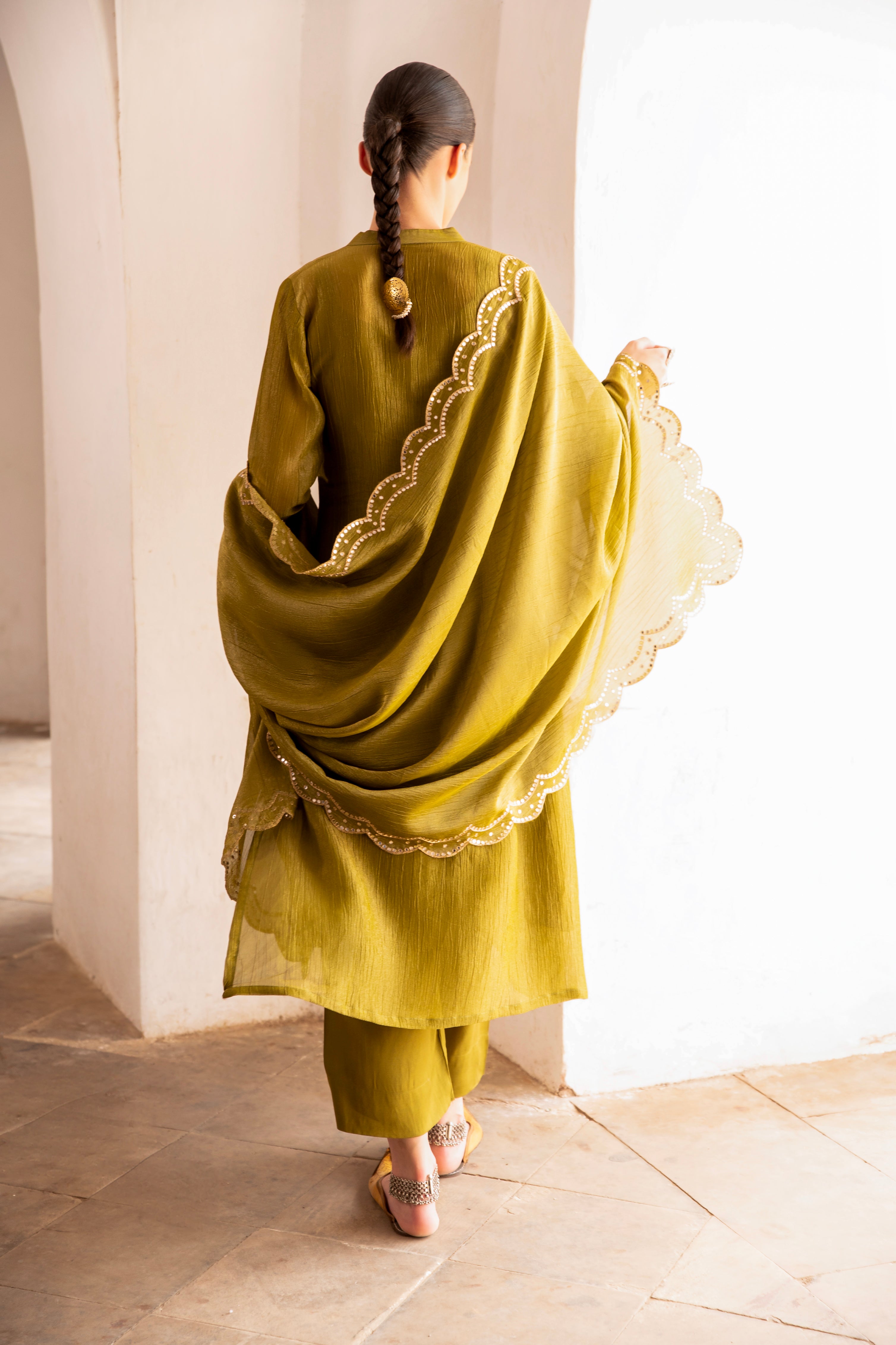 Sage Green Embellished Crushed Tissue Silk Pant Set