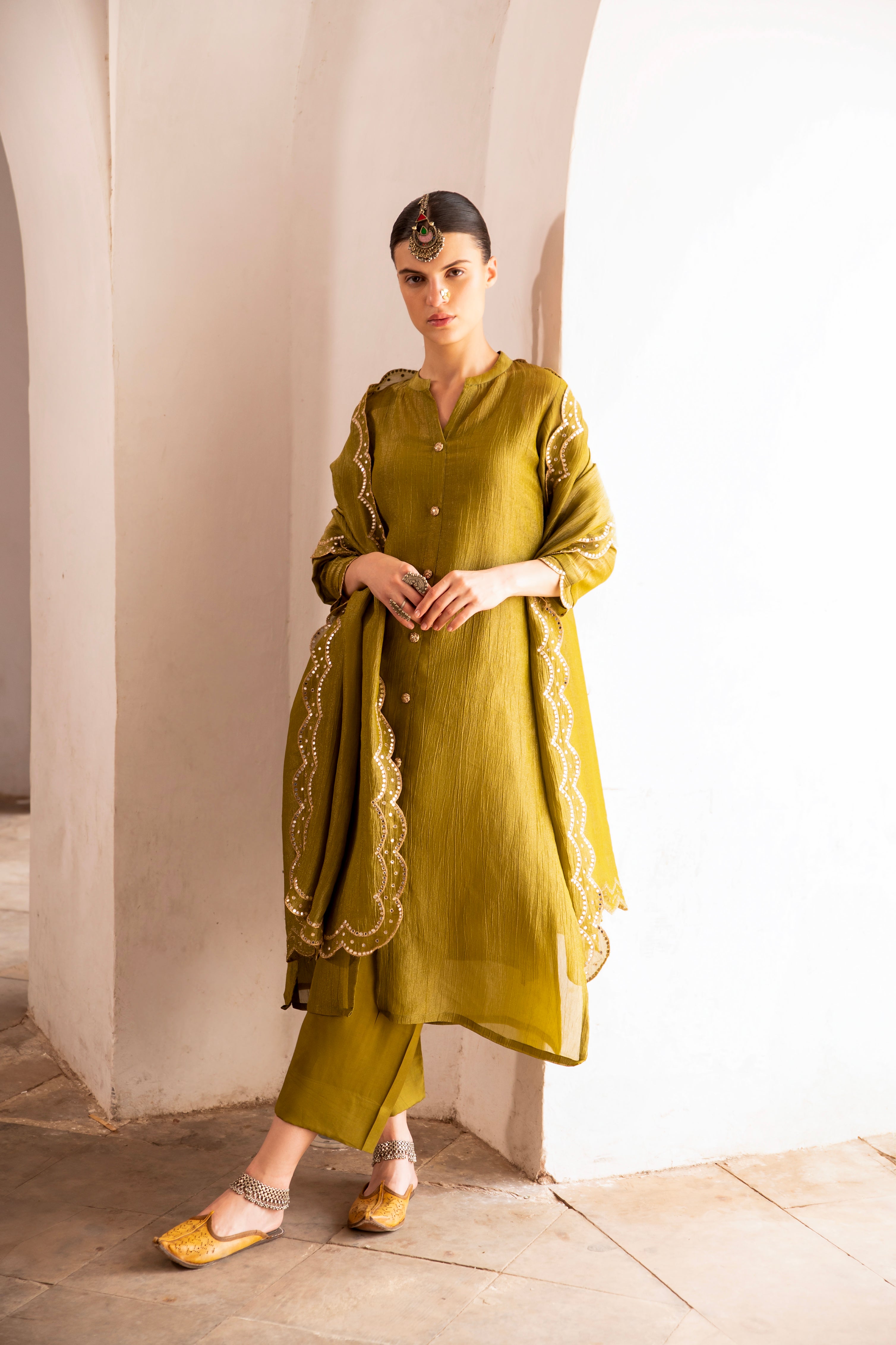 Sage Green Embellished Crushed Tissue Silk Pant Set