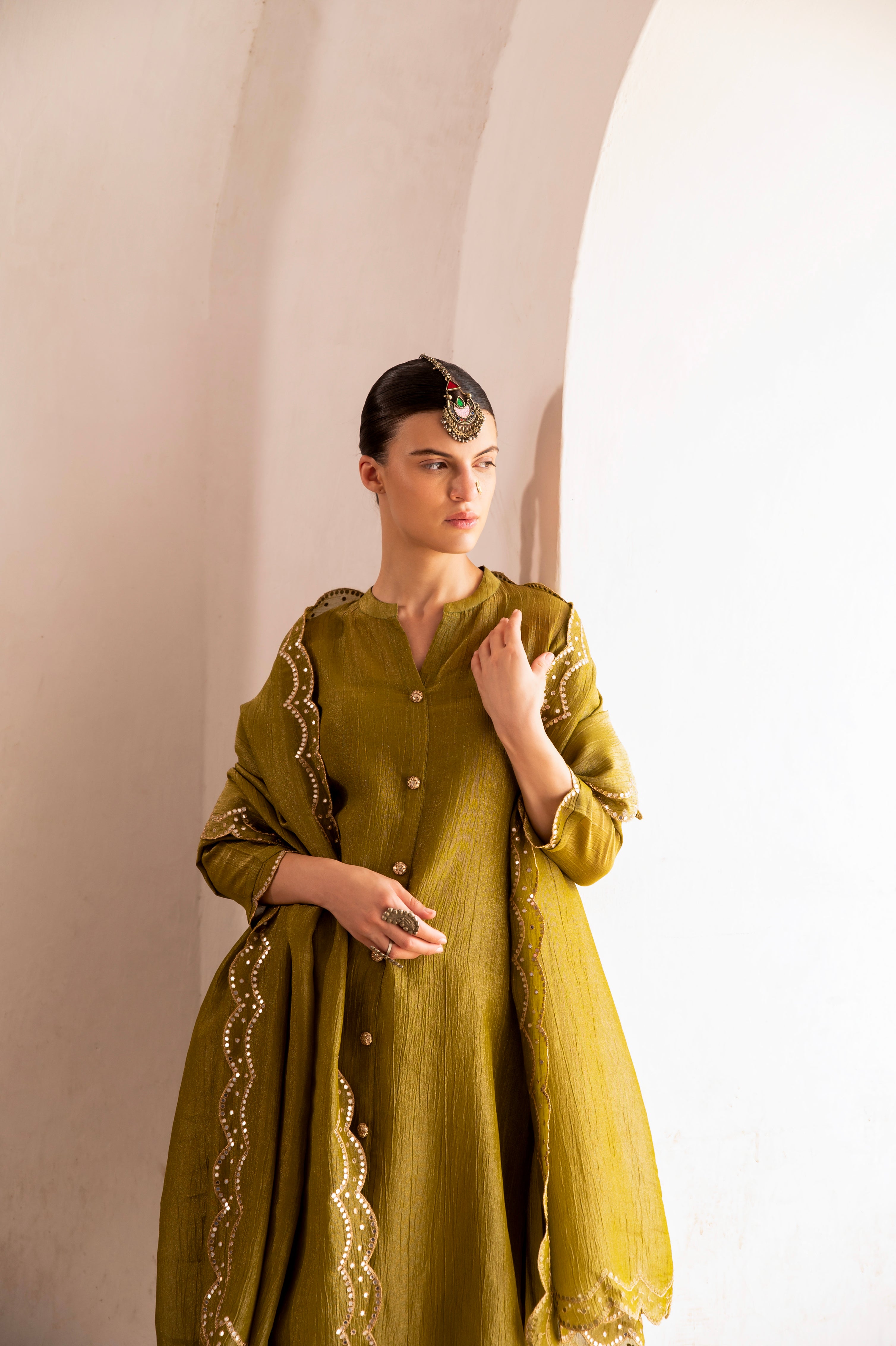 Sage Green Embellished Crushed Tissue Silk Pant Set