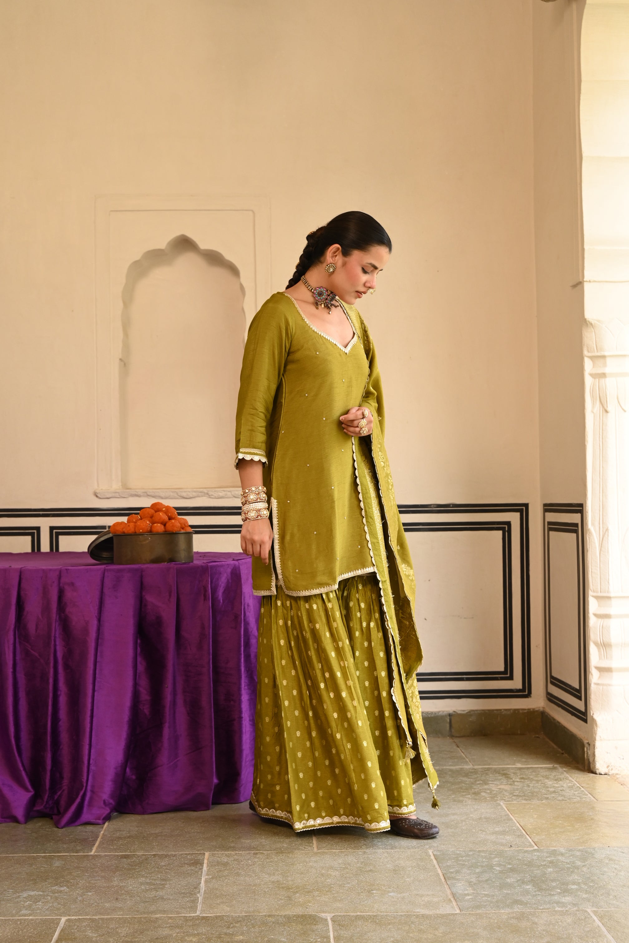 Olive Green Embellished Dola Silk Sharara Set