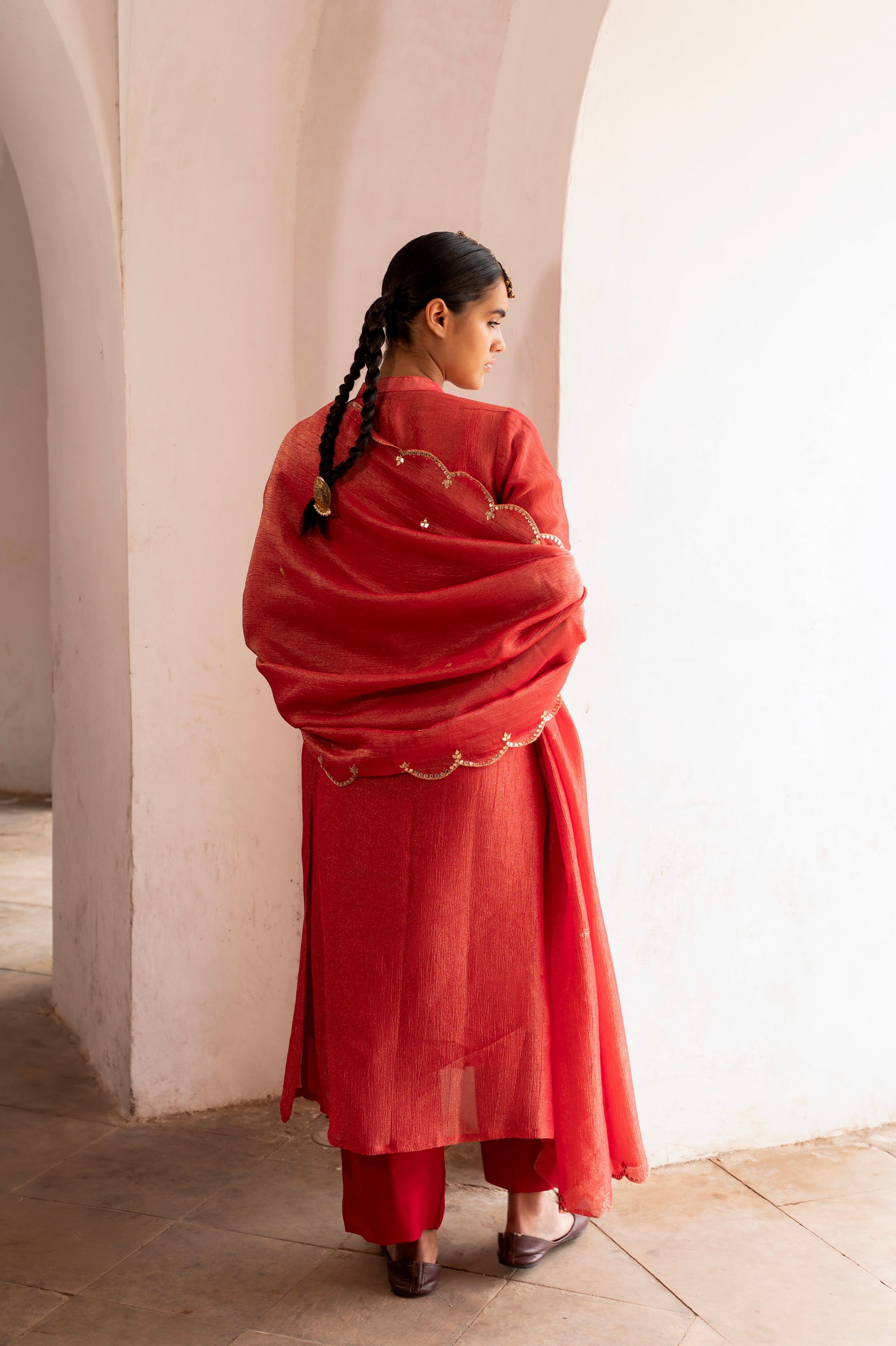 Pure Red Embellished Crushed Tissue Silk Pant Set
