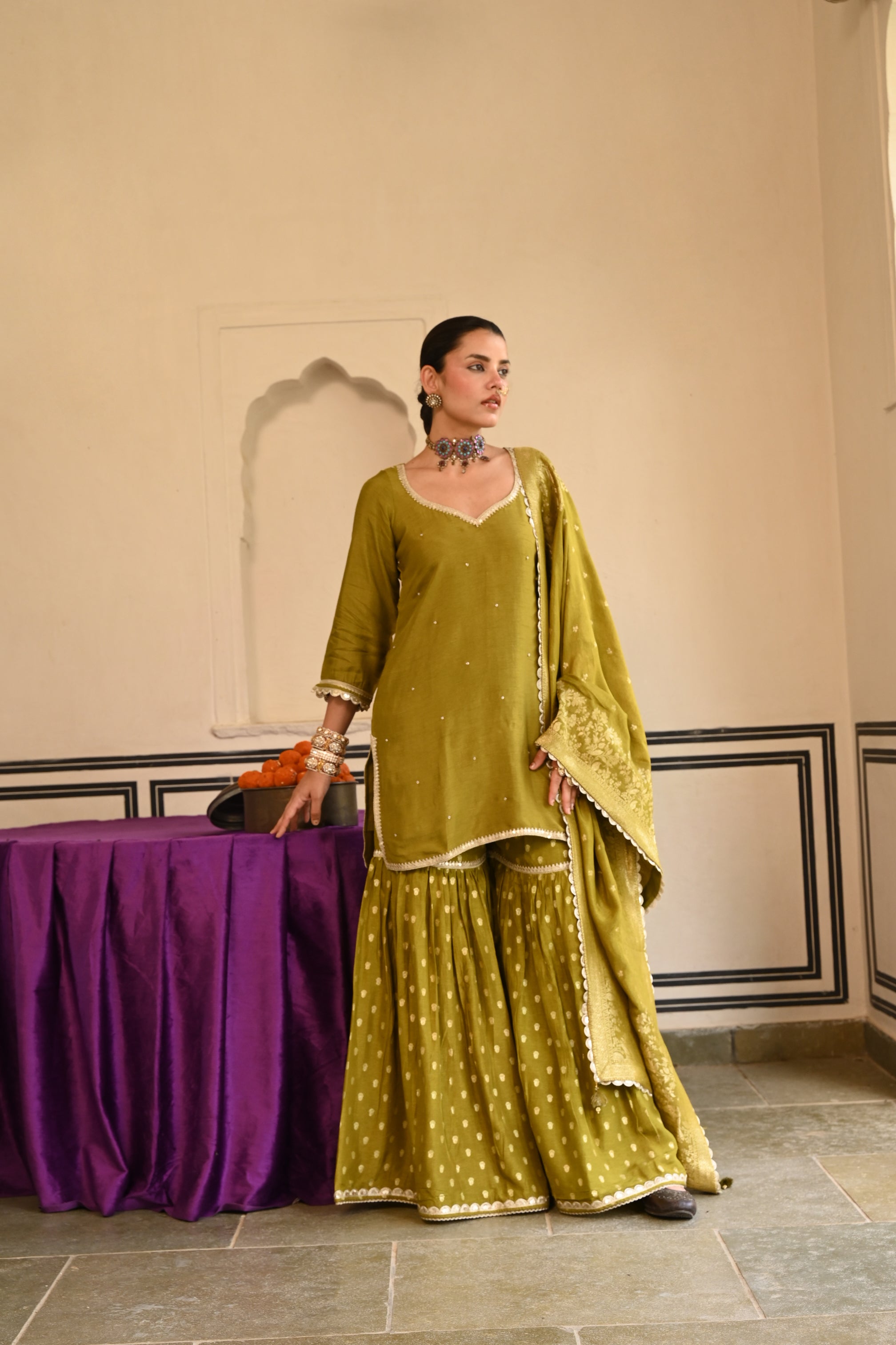 Olive Green Embellished Dola Silk Sharara Set