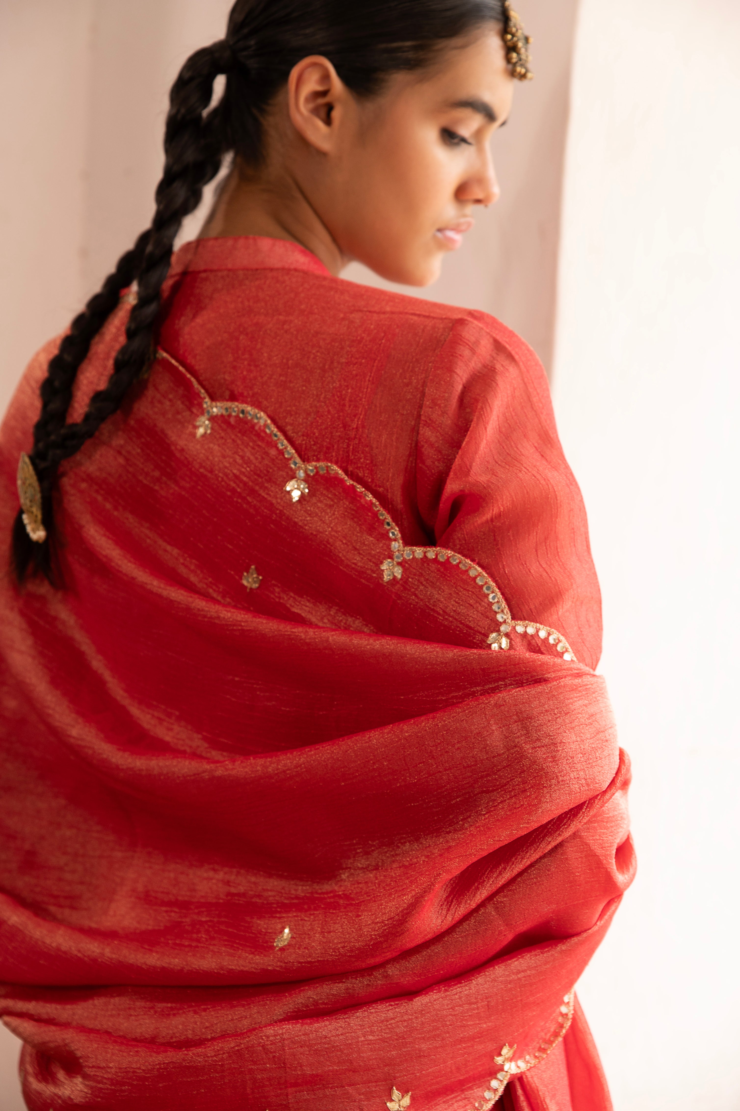 Pure Red Embellished Crushed Tissue Silk Pant Set