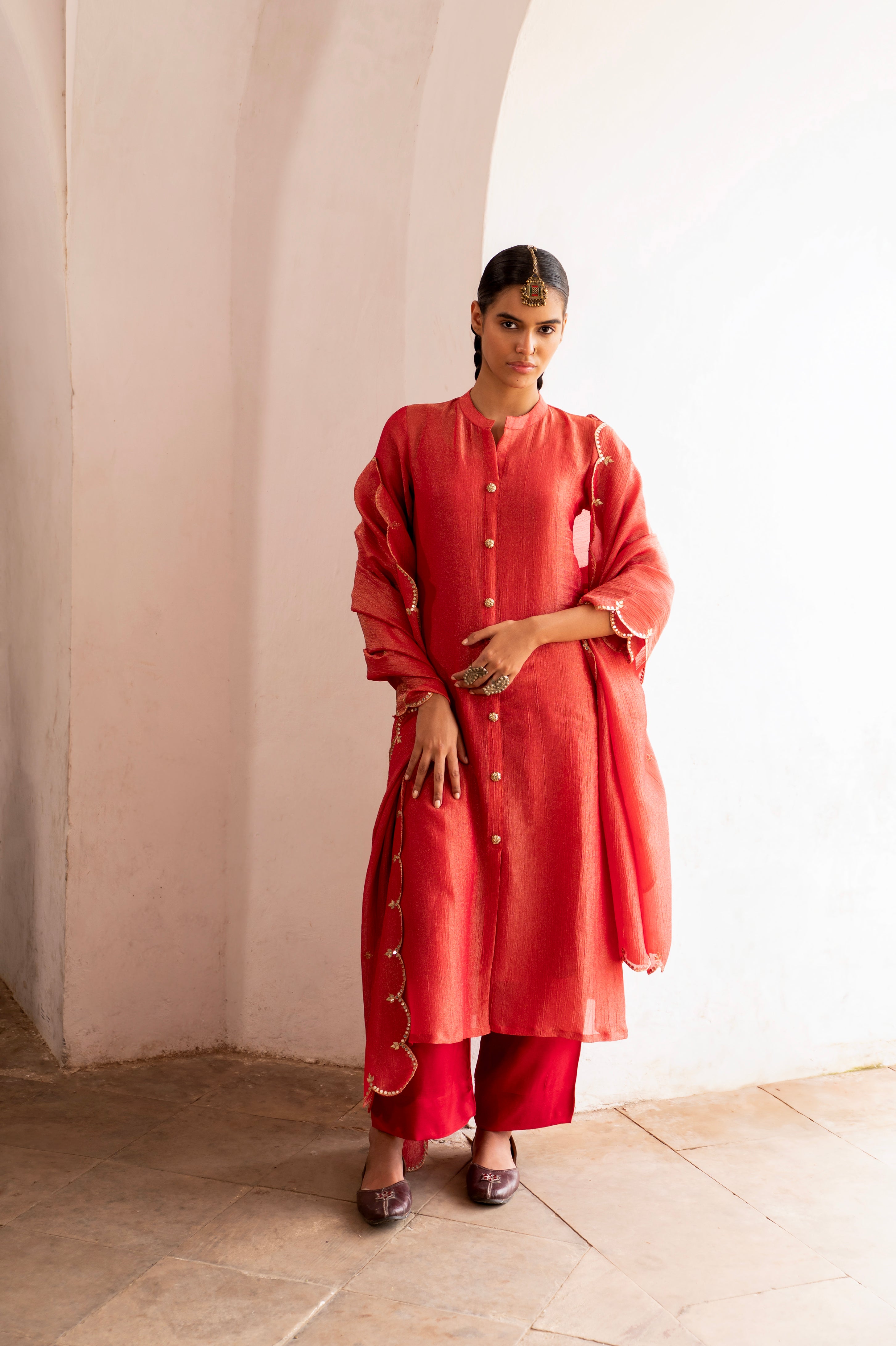 Pure Red Embellished Crushed Tissue Silk Pant Set