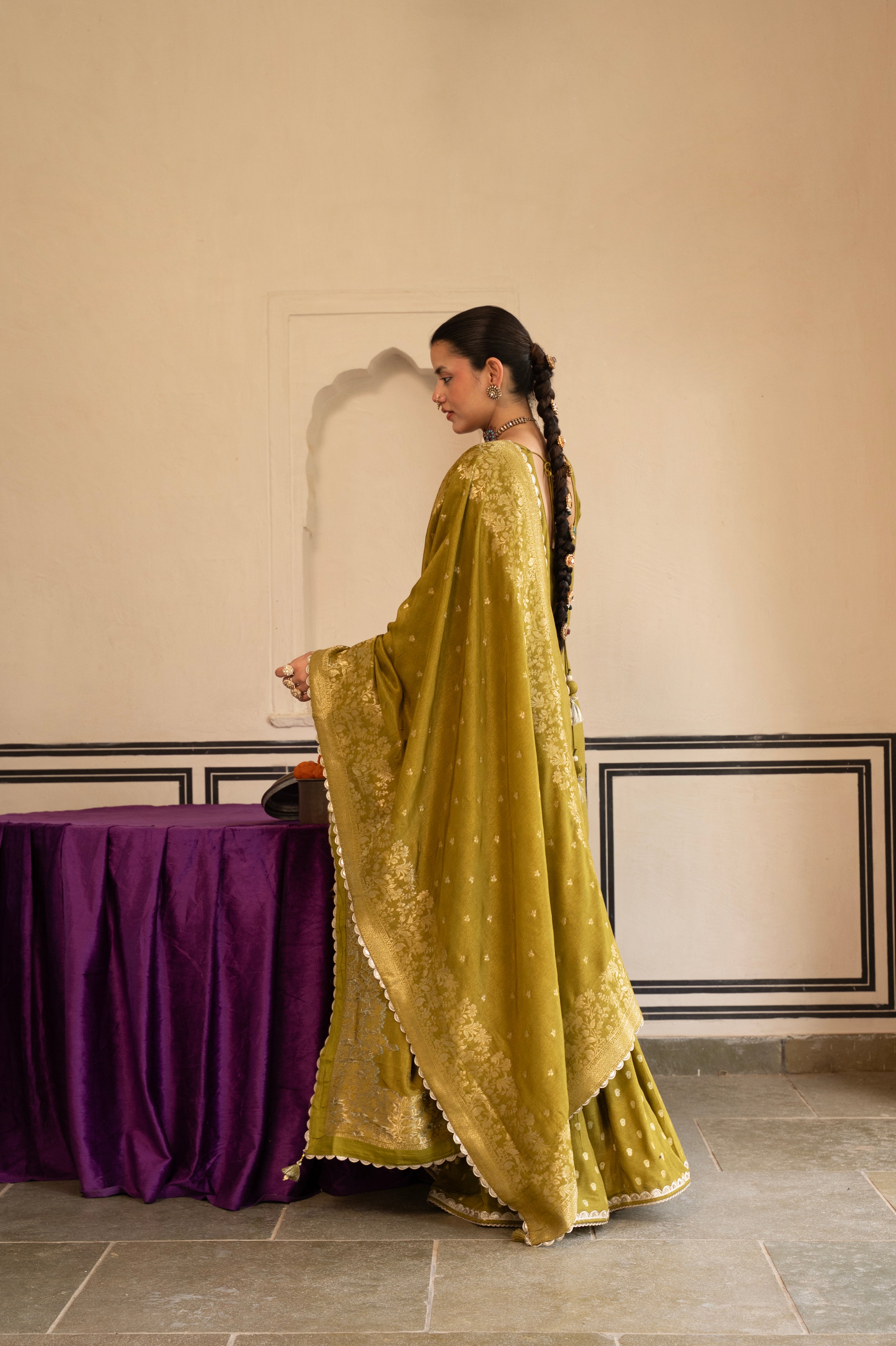 Olive Green Embellished Dola Silk Sharara Set