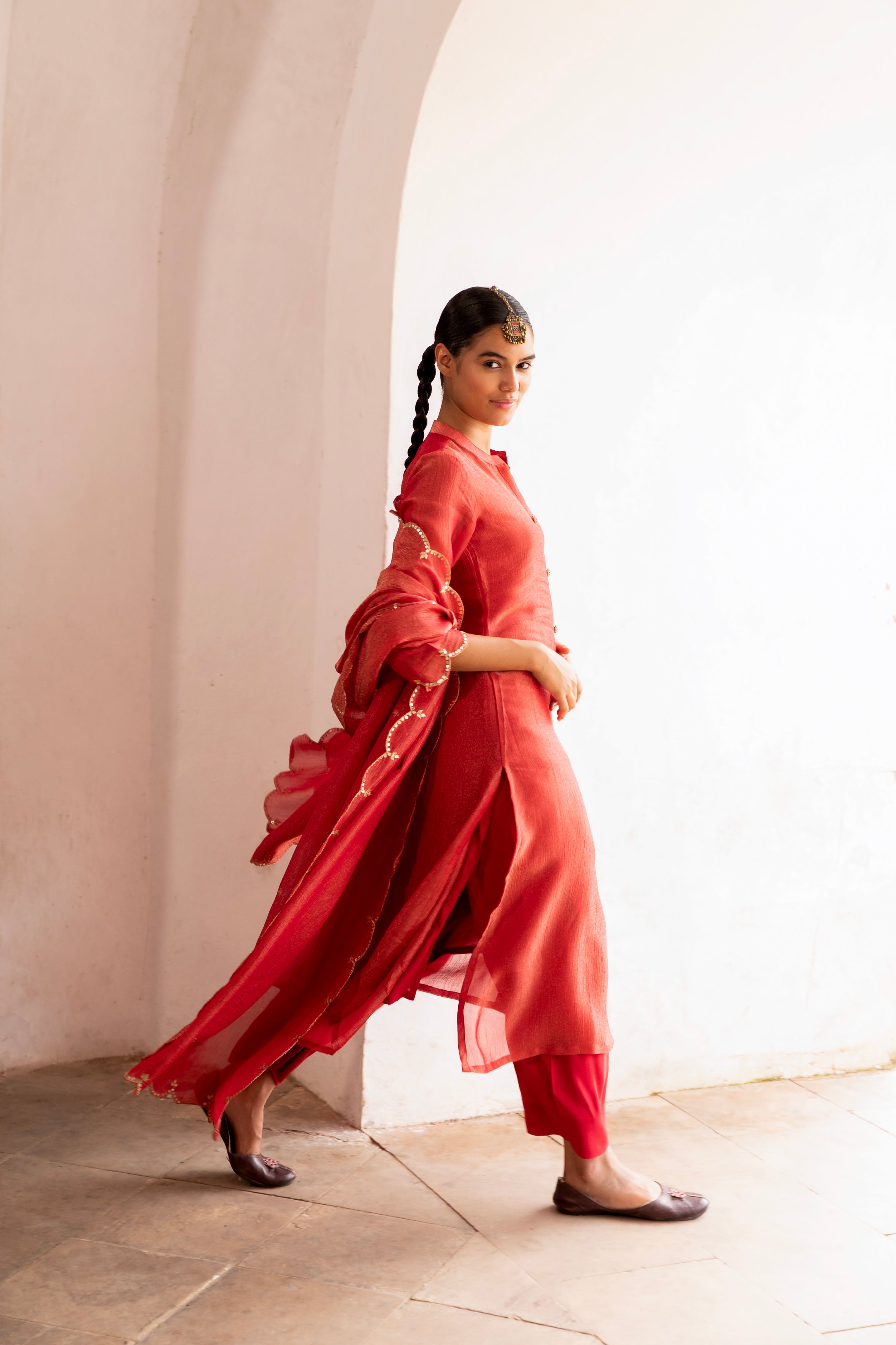 Pure Red Embellished Crushed Tissue Silk Pant Set