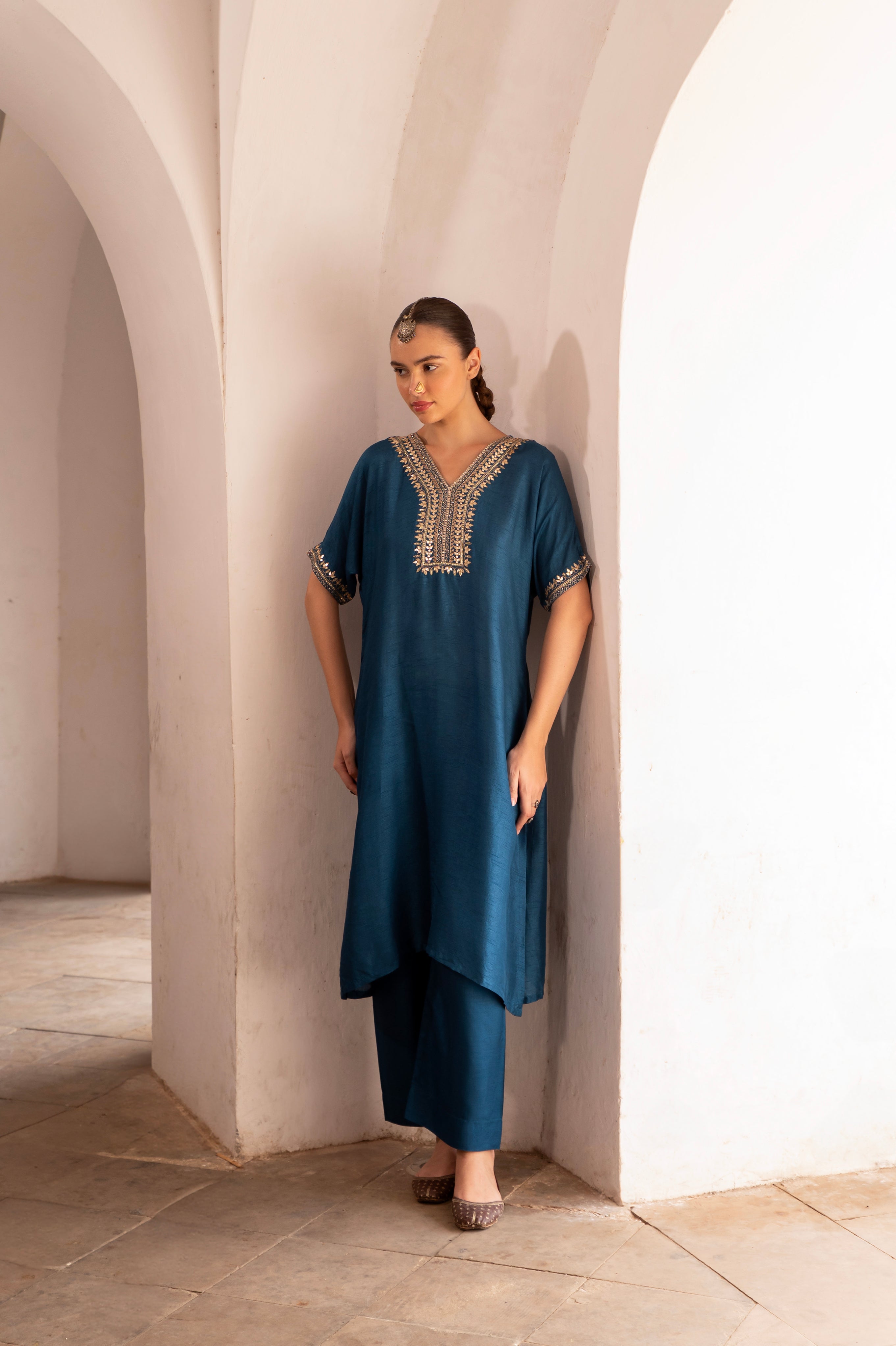 Blue Embellished Dola Silk Kurta Set