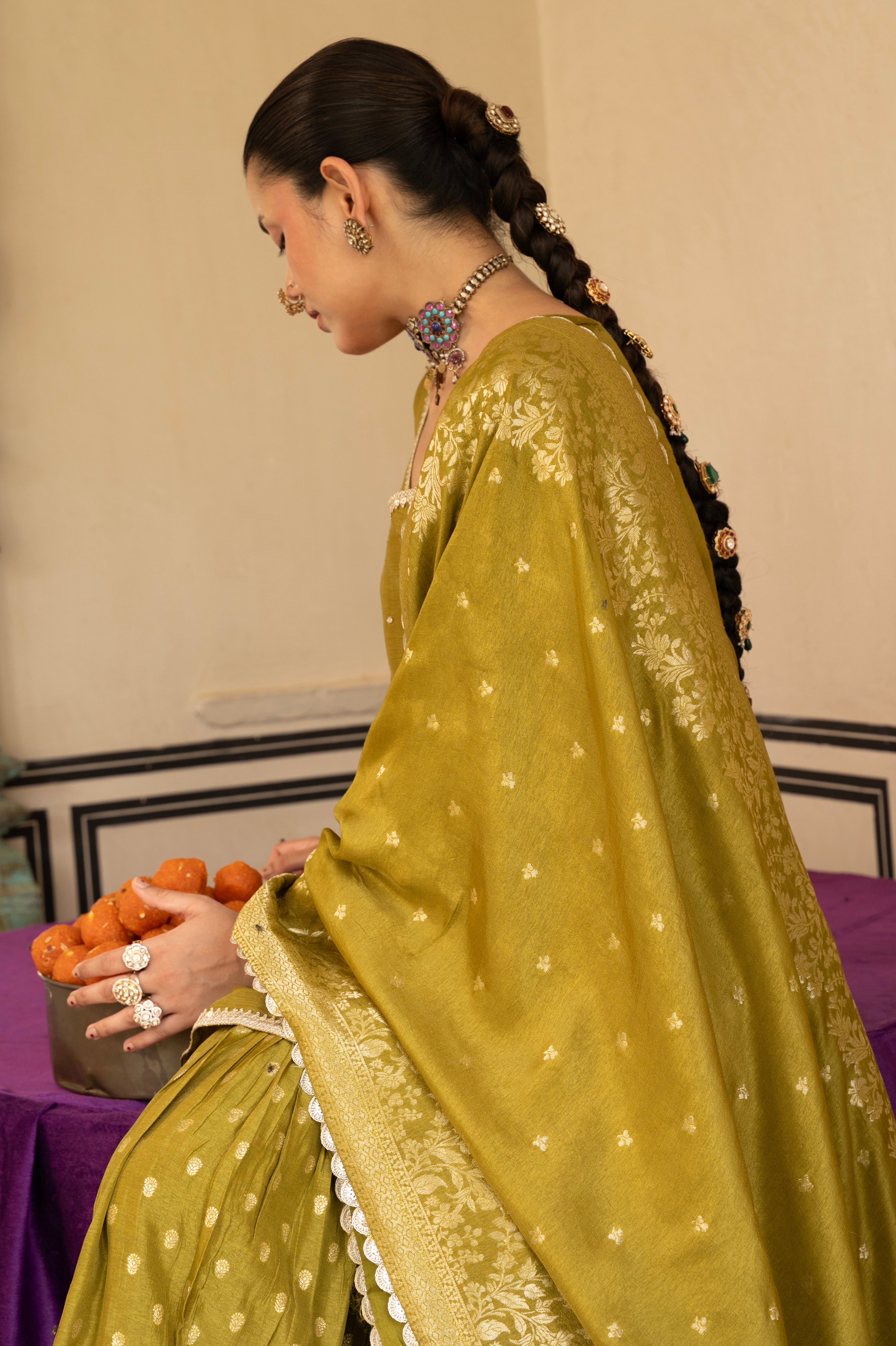 Olive Green Embellished Dola Silk Sharara Set