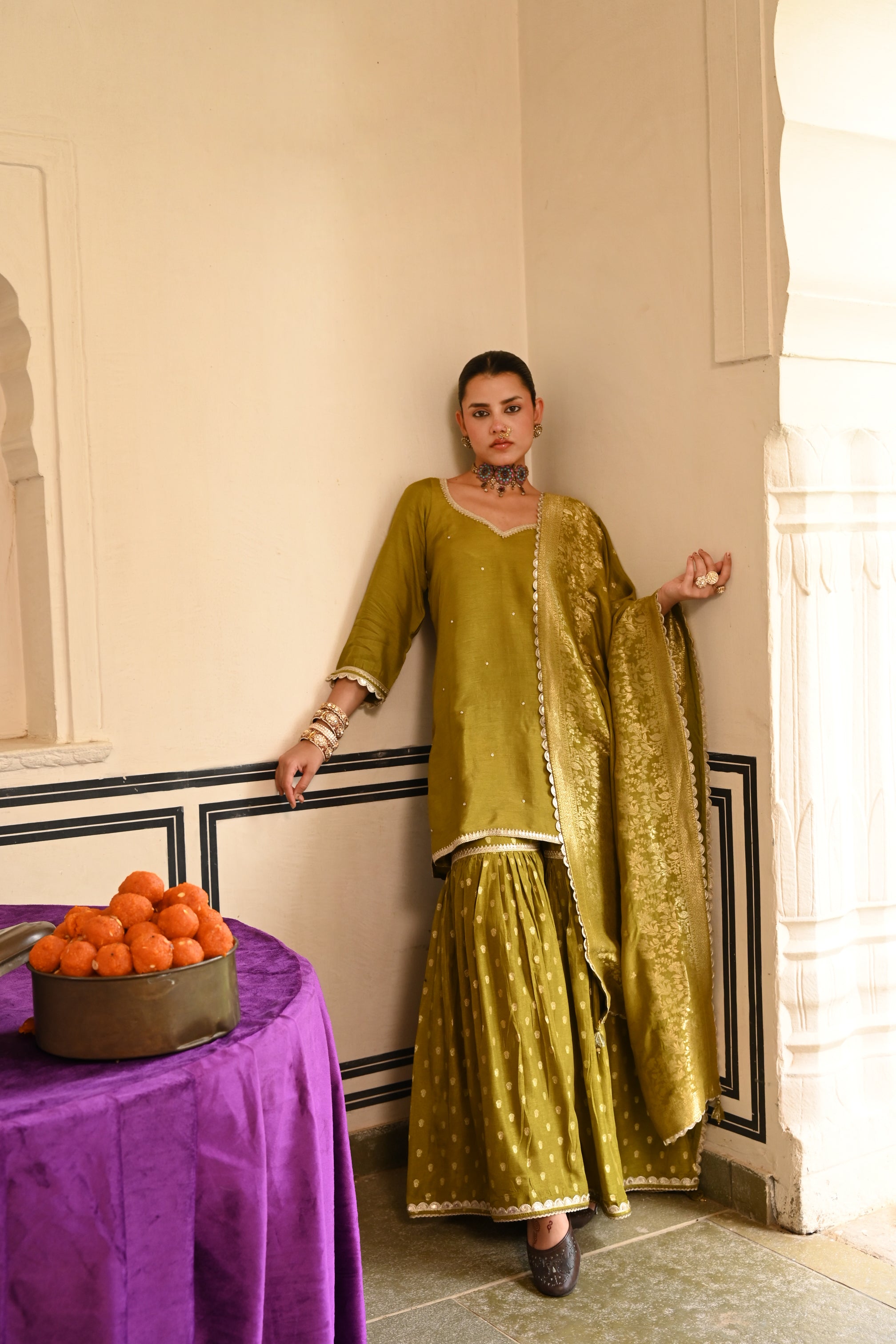 Olive Green Embellished Dola Silk Sharara Set