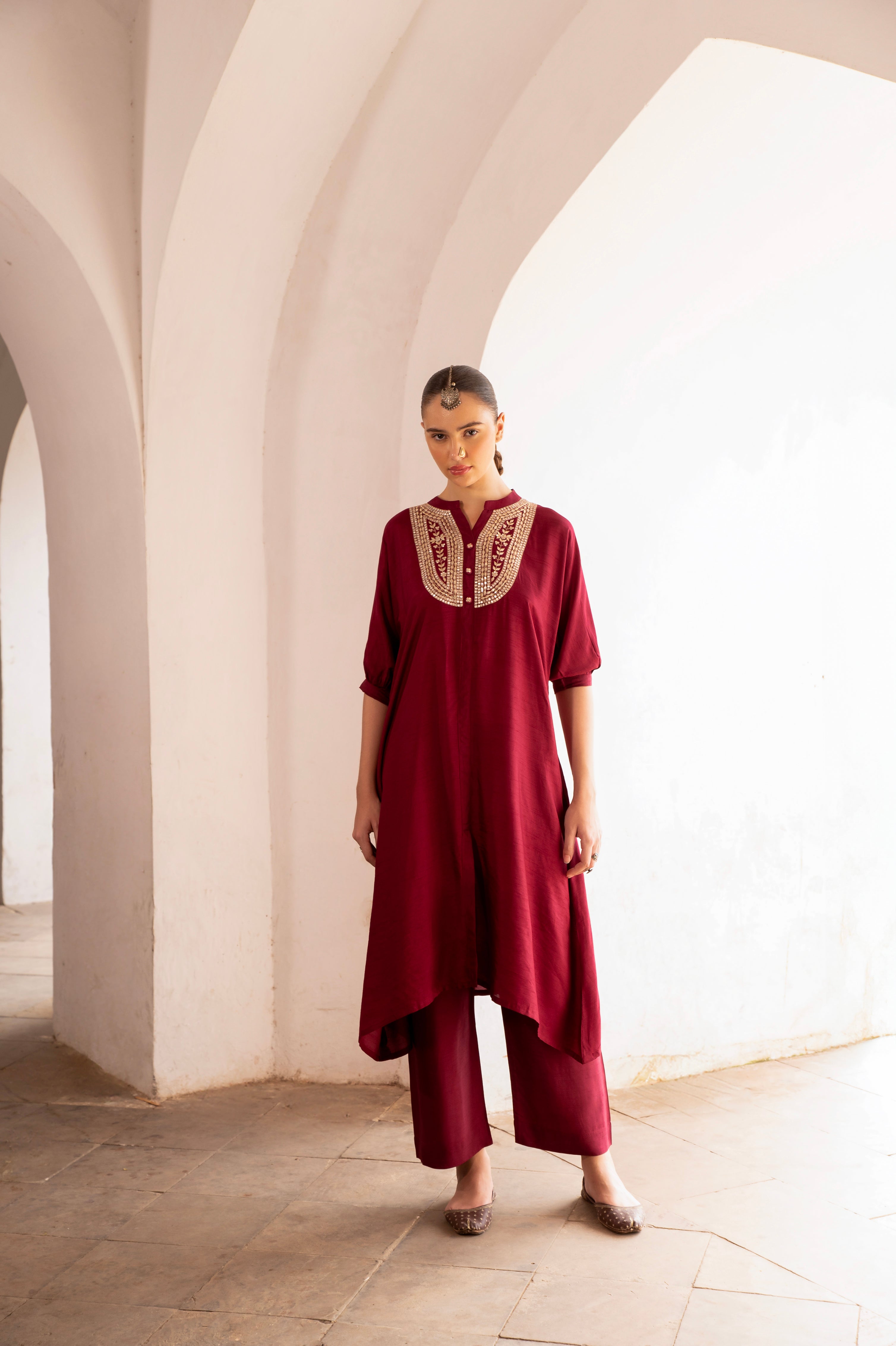 Wine Embellished Dola Silk Kurta Set