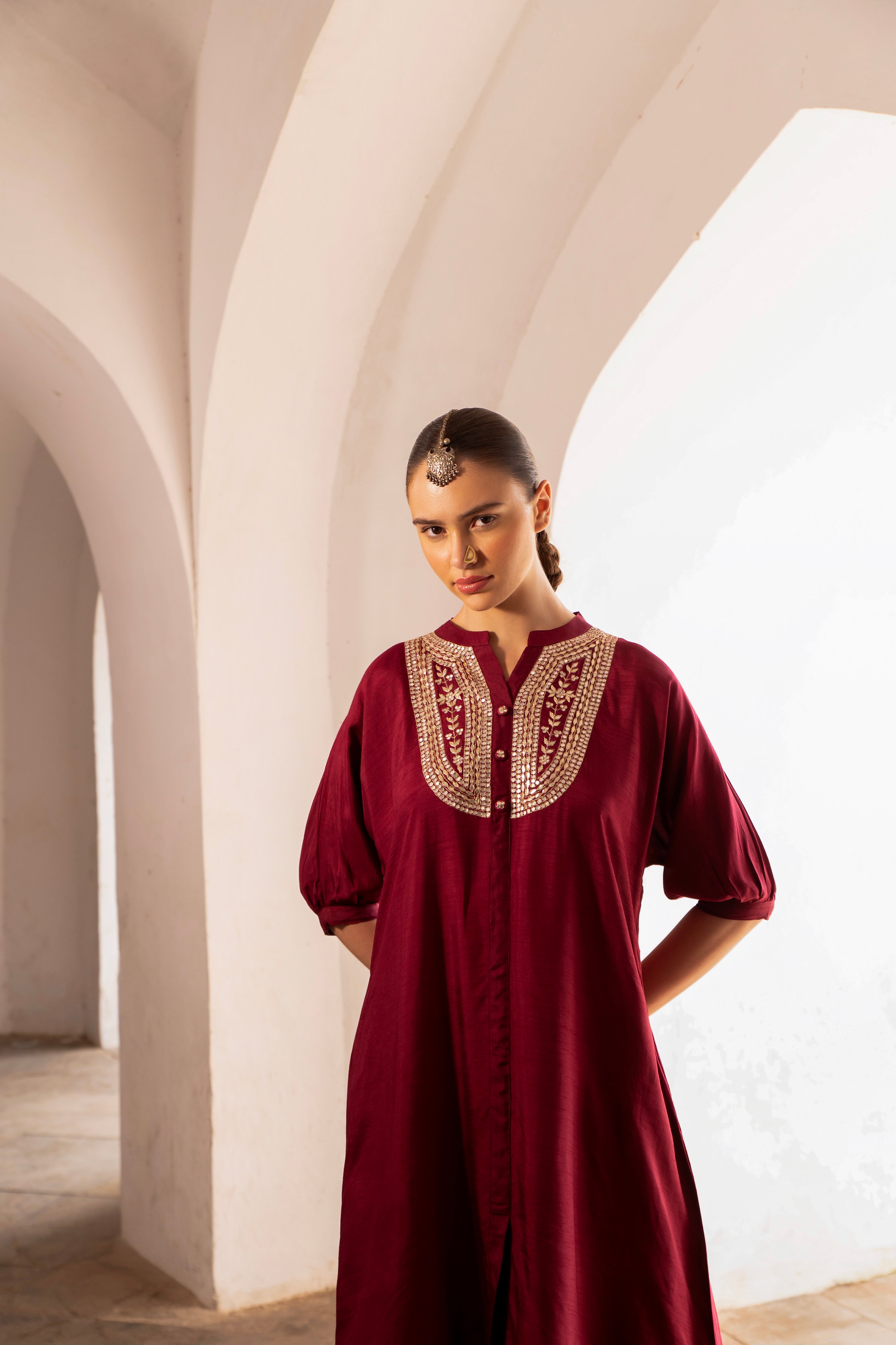 Wine Embellished Dola Silk Kurta Set