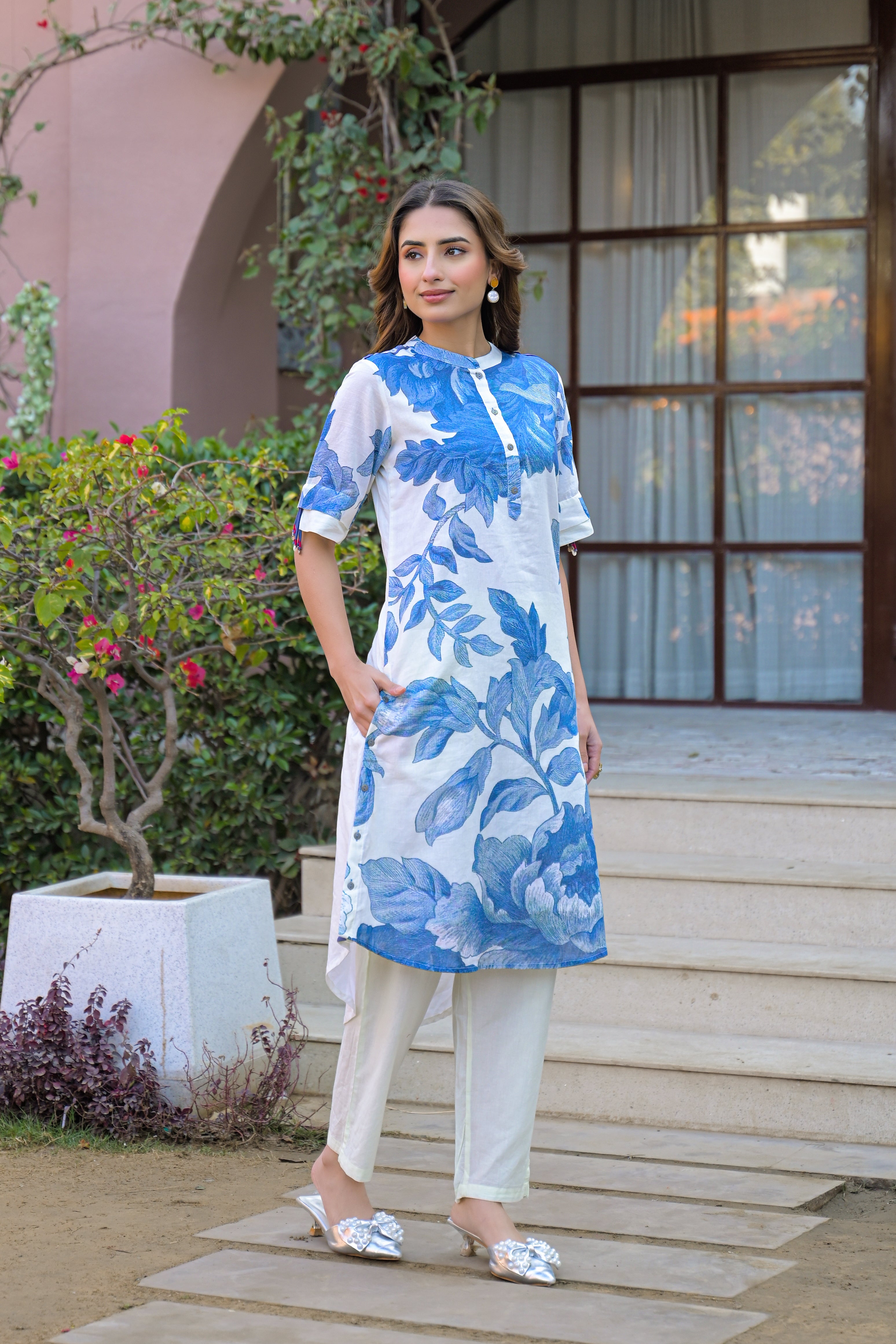 Blue Petal Printed Cotton Kurta Set