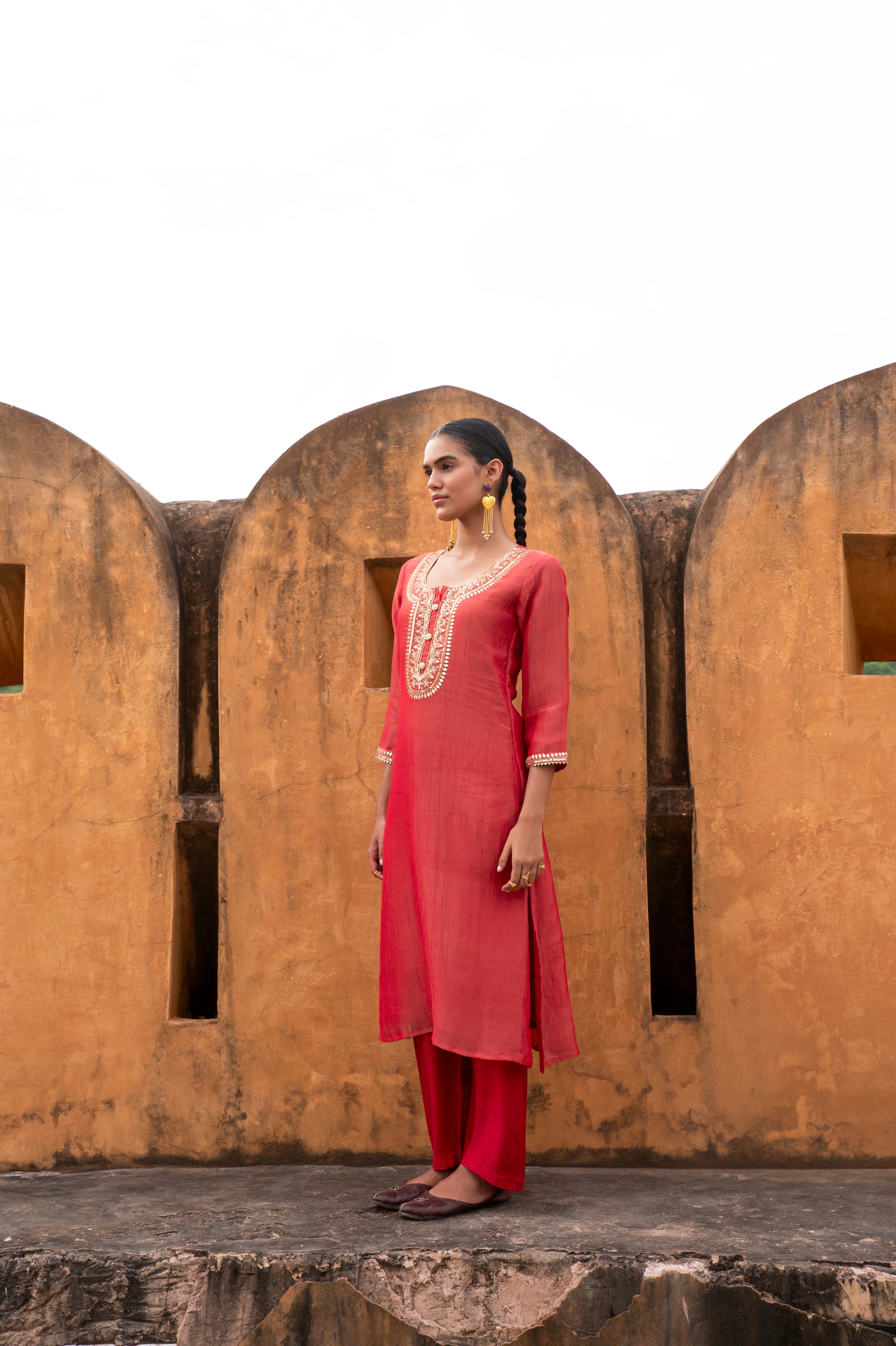 Red Embellished Crushed Tissue Silk Pant Set