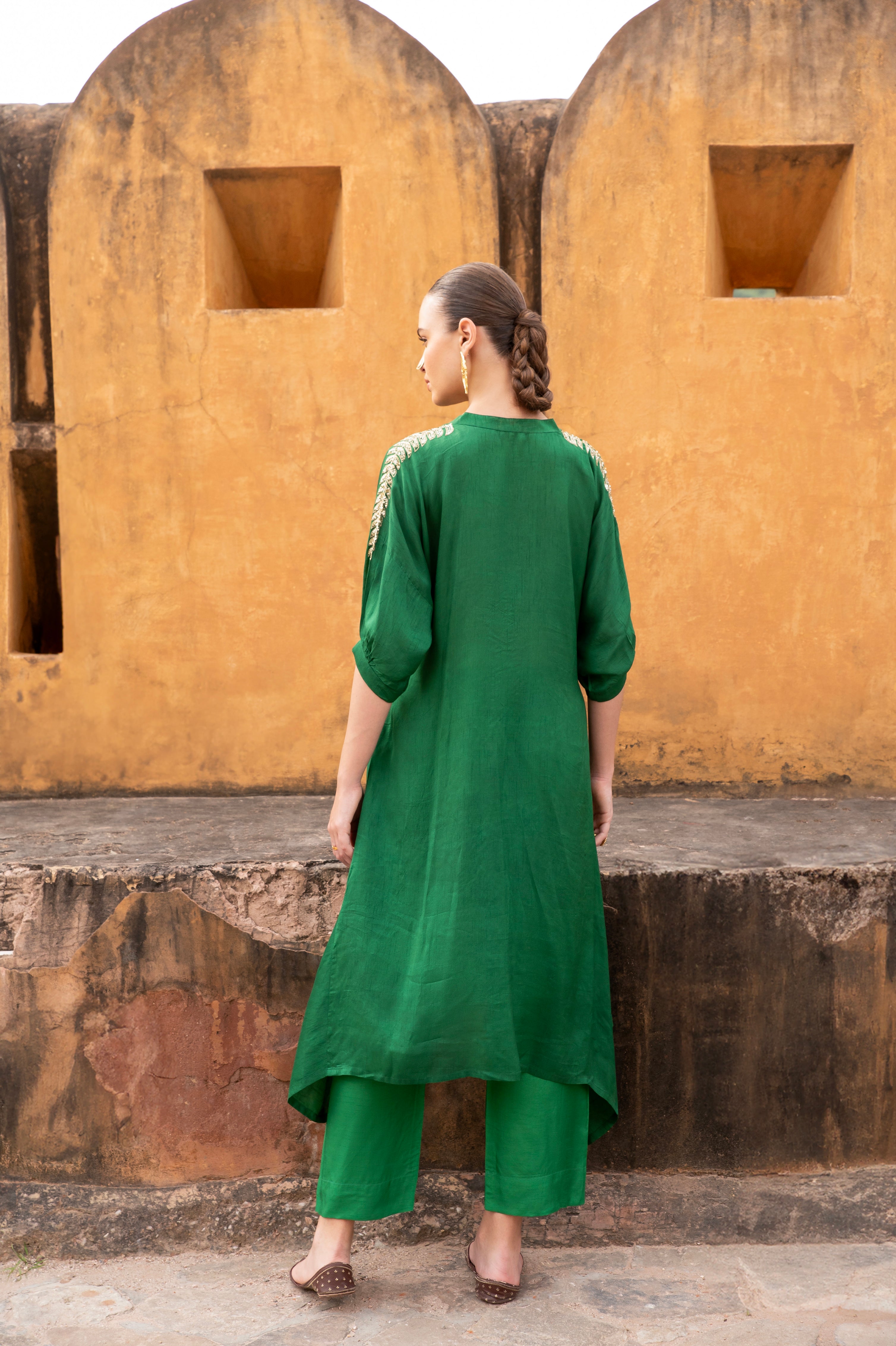 Dark Green Embellished Dola Silk Kurta Set