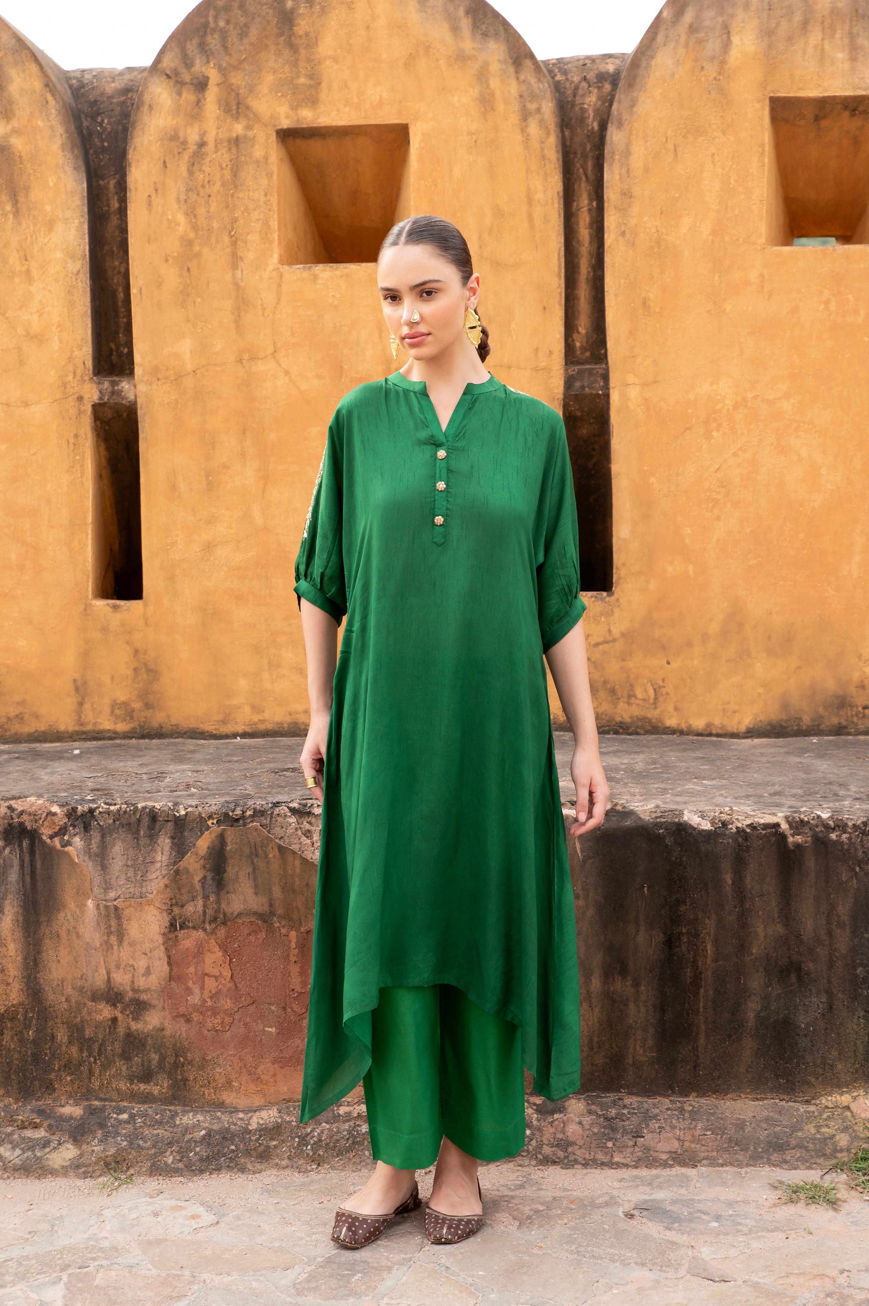Dark Green Embellished Dola Silk Kurta Set