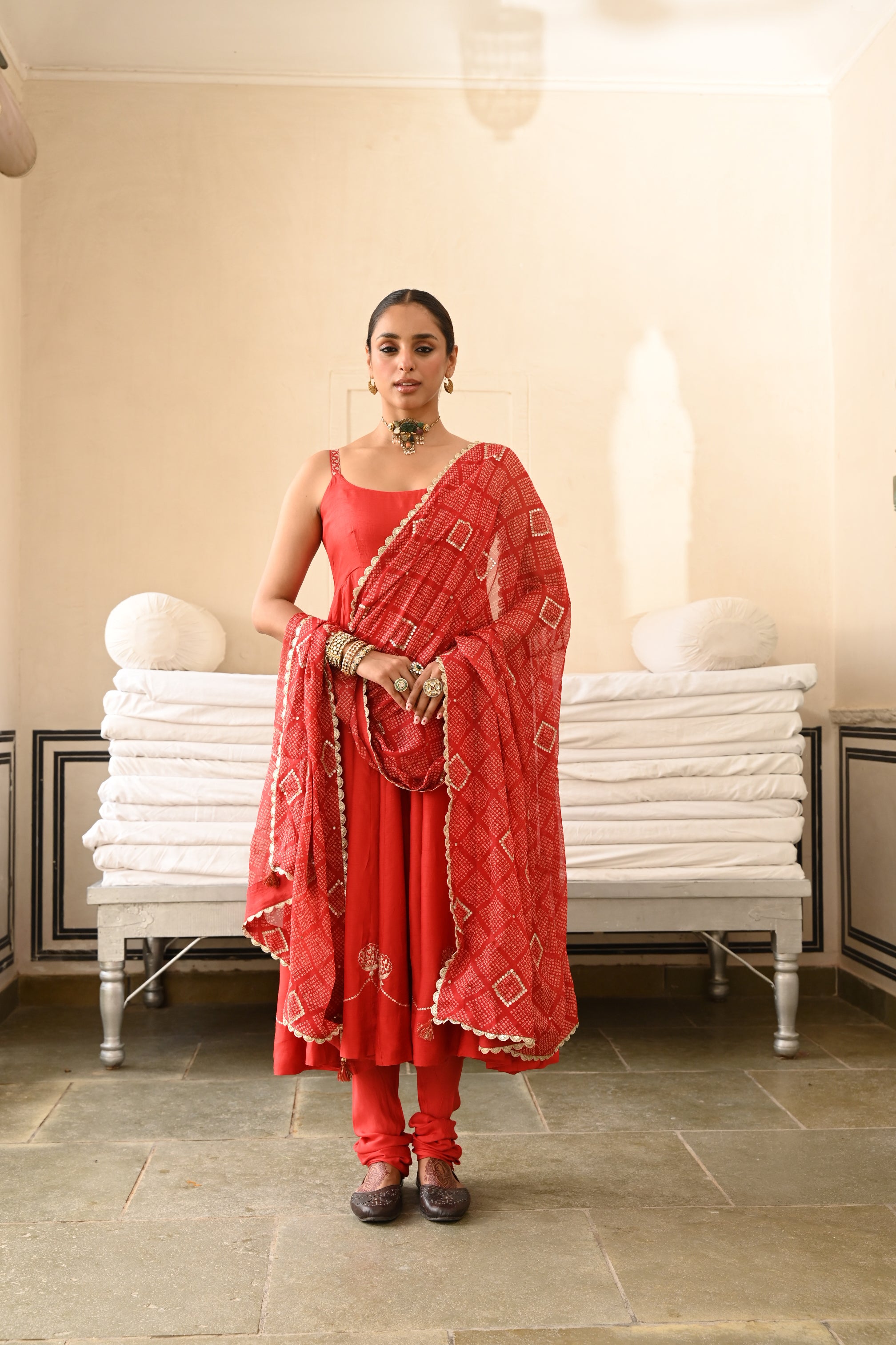 Red Embellished Dola Silk Pant Set