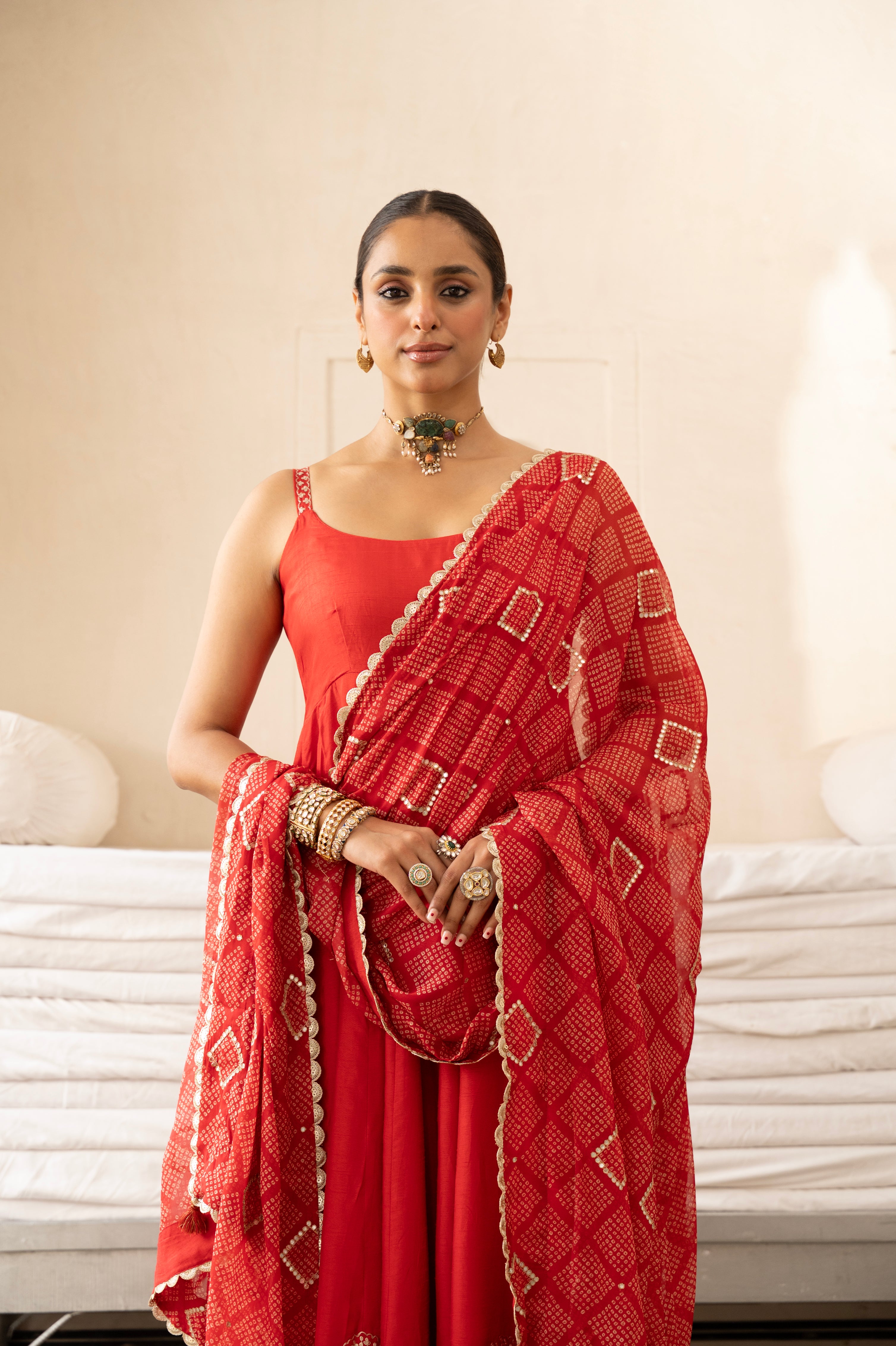 Red Embellished Dola Silk Pant Set