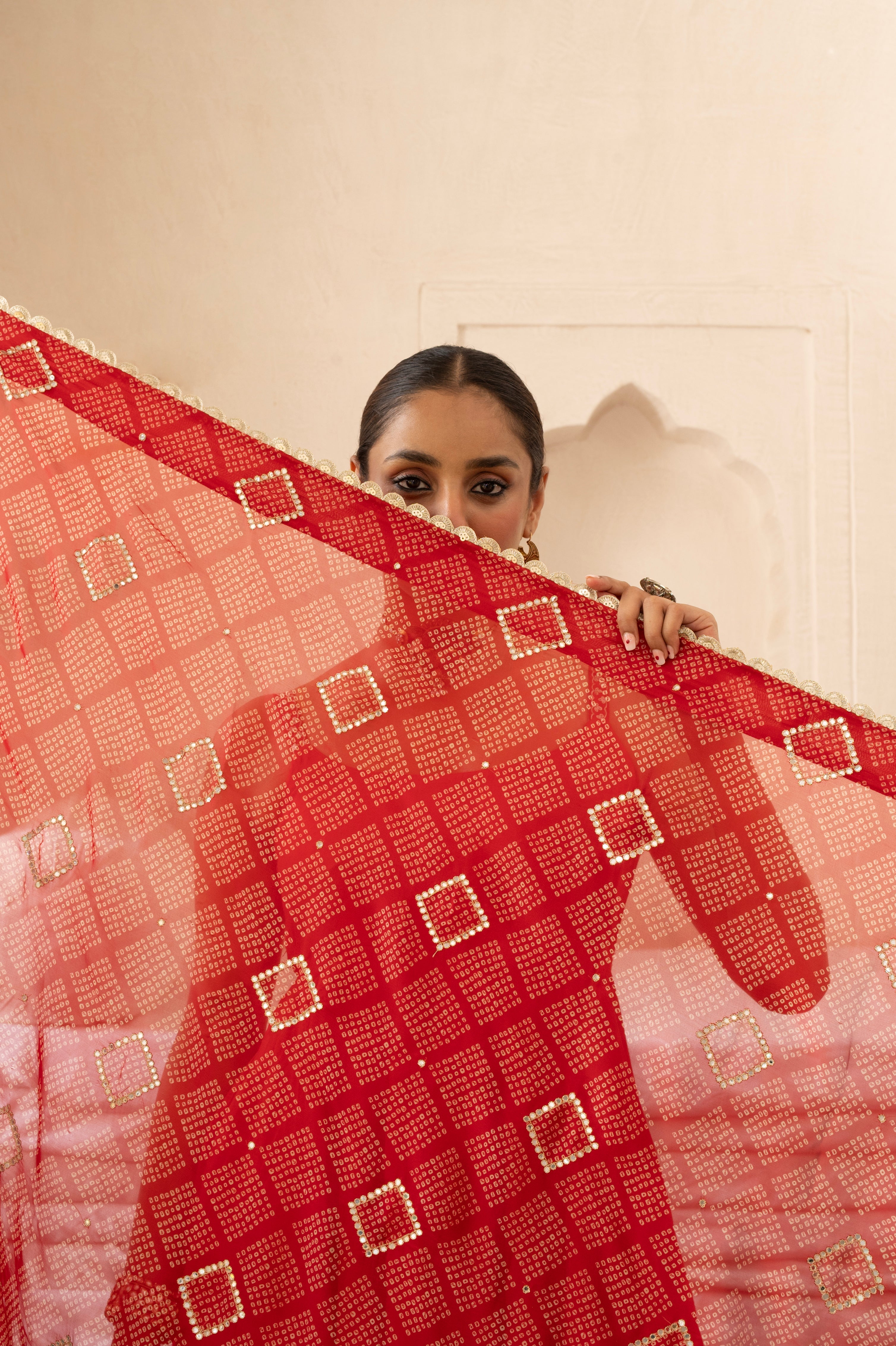 Red Embellished Dola Silk Pant Set