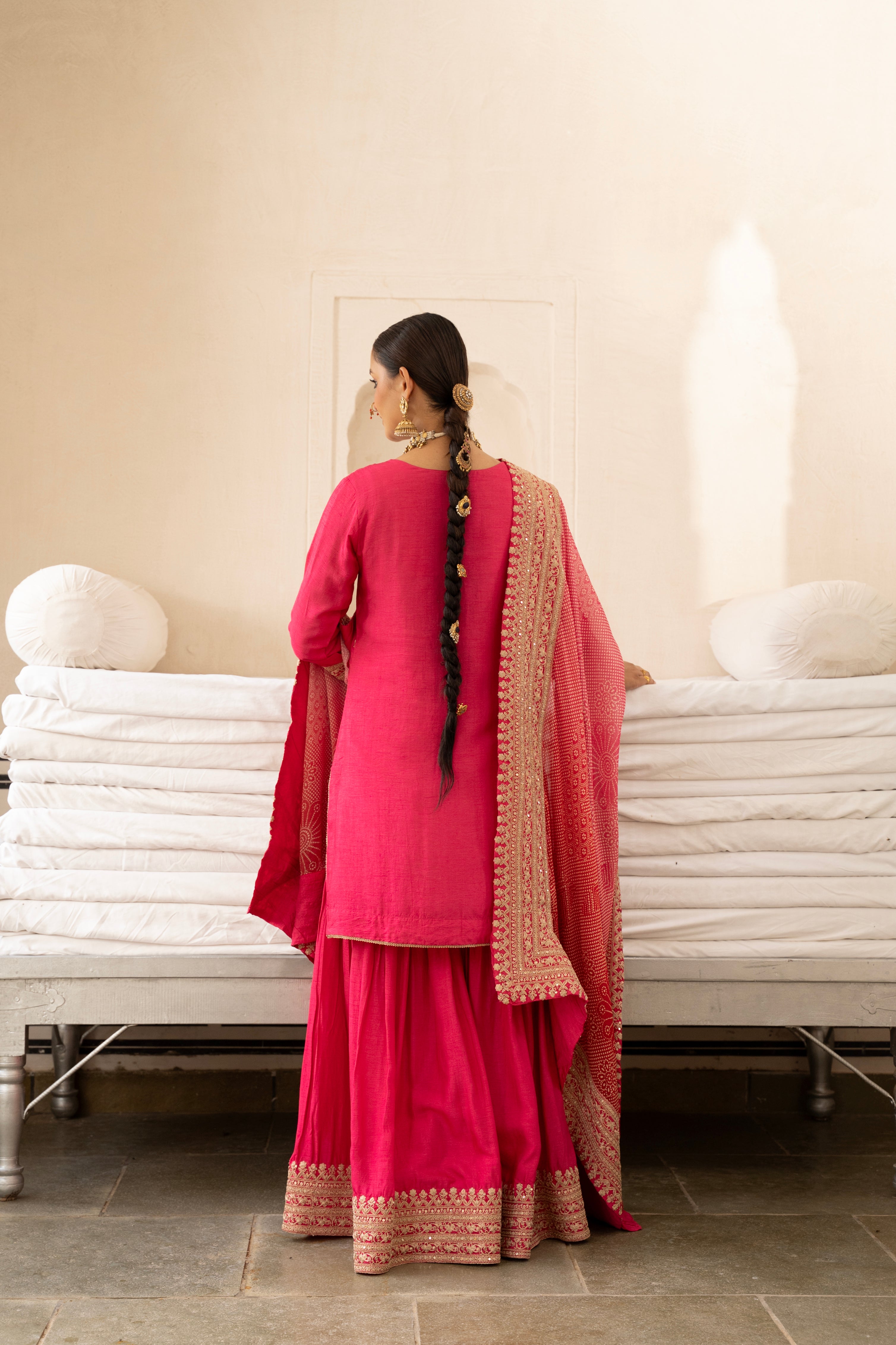 Pure Pink Embellished Dola Silk Sharara Set