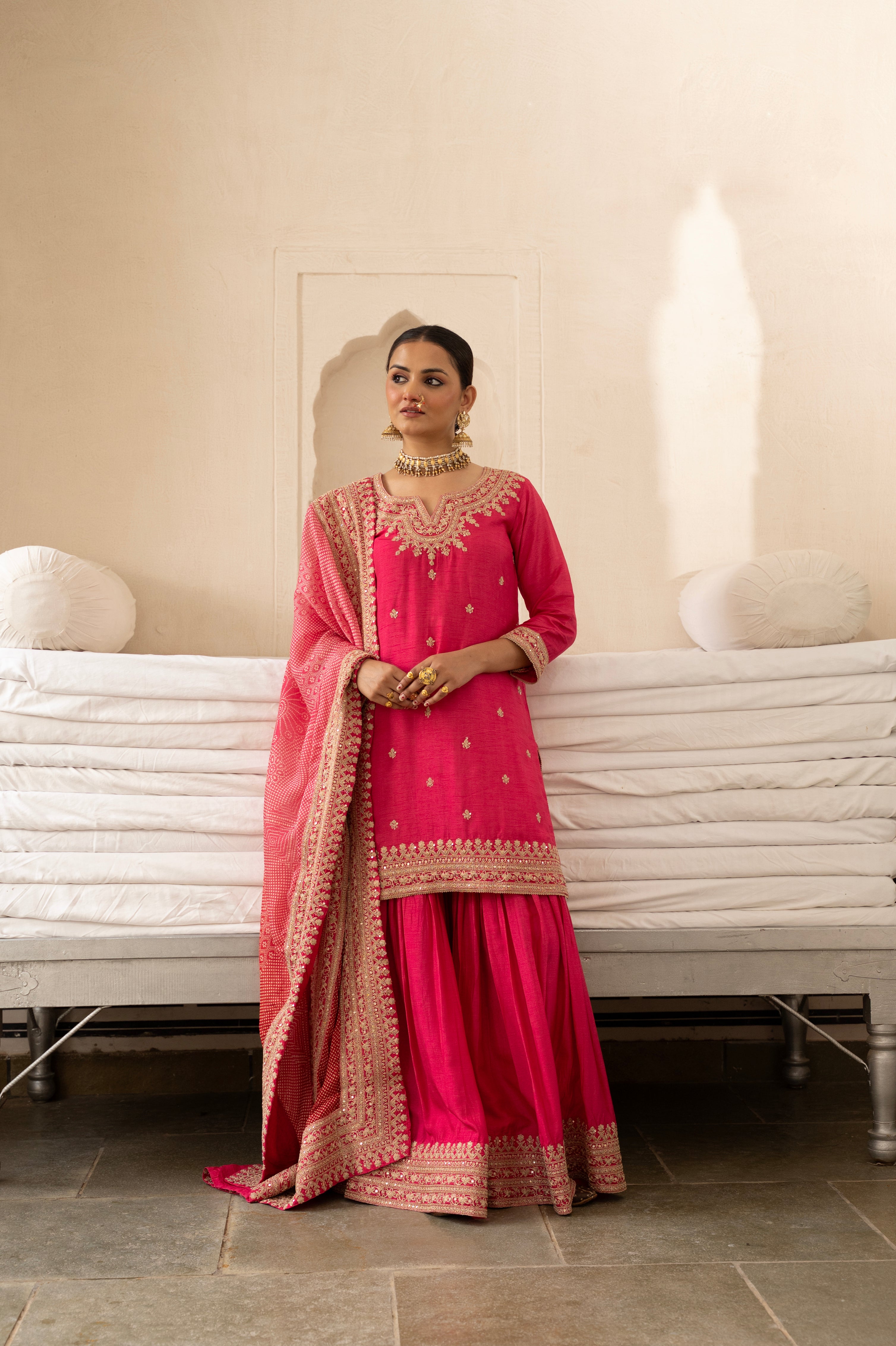 Pure Pink Embellished Dola Silk Sharara Set