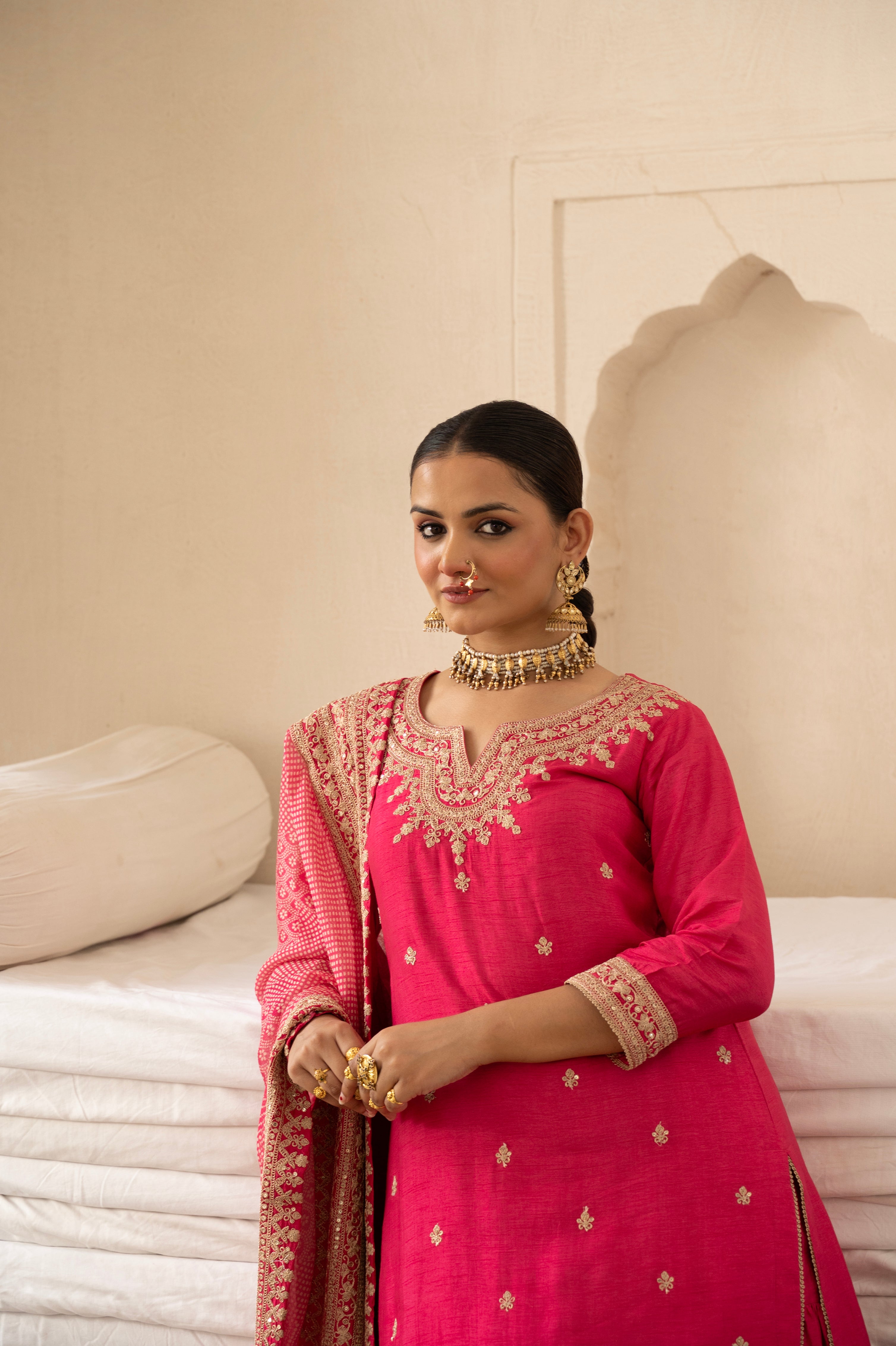 Pure Pink Embellished Dola Silk Sharara Set