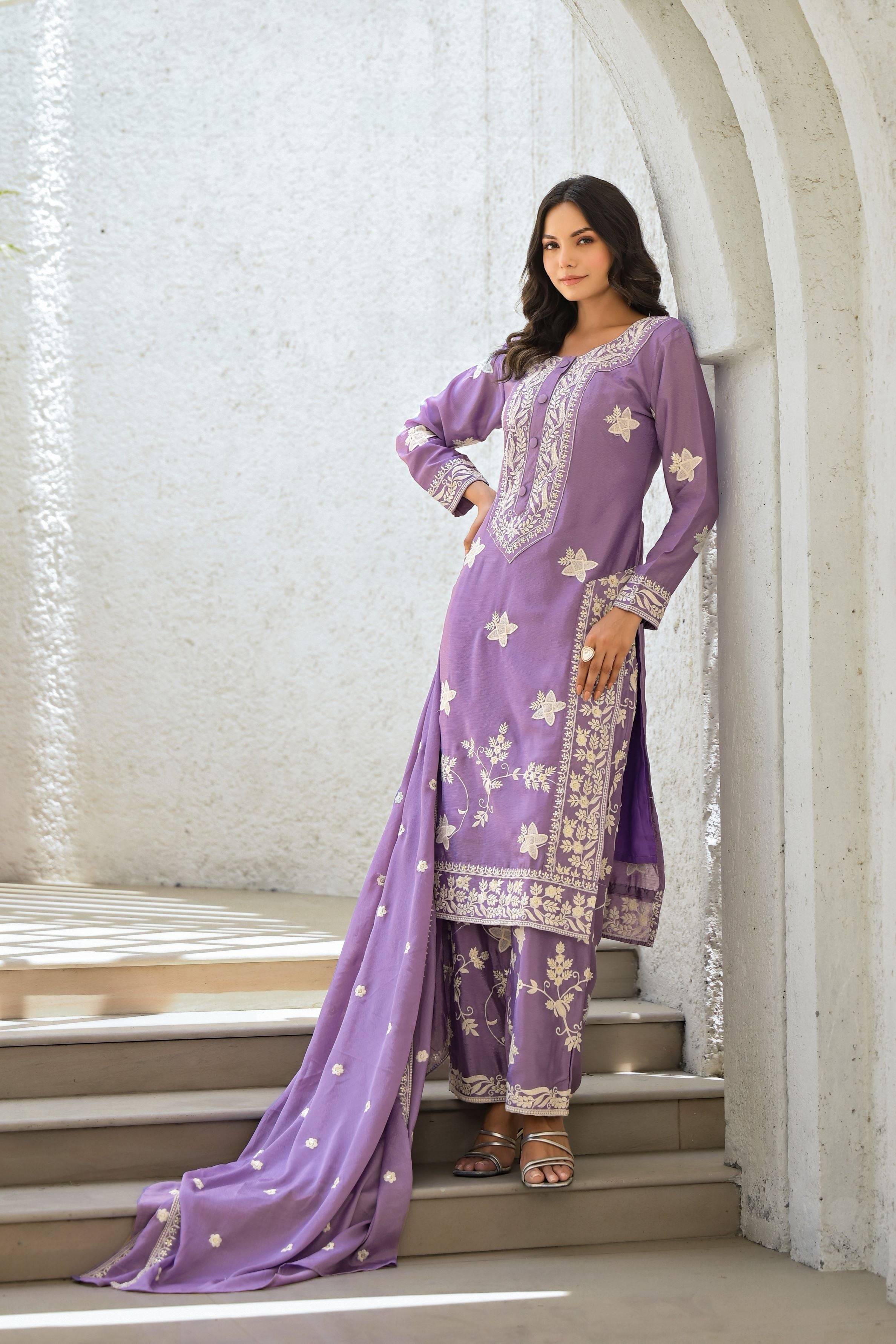 Lilac Embroidered Premium Chinon Silk Palazzo Set