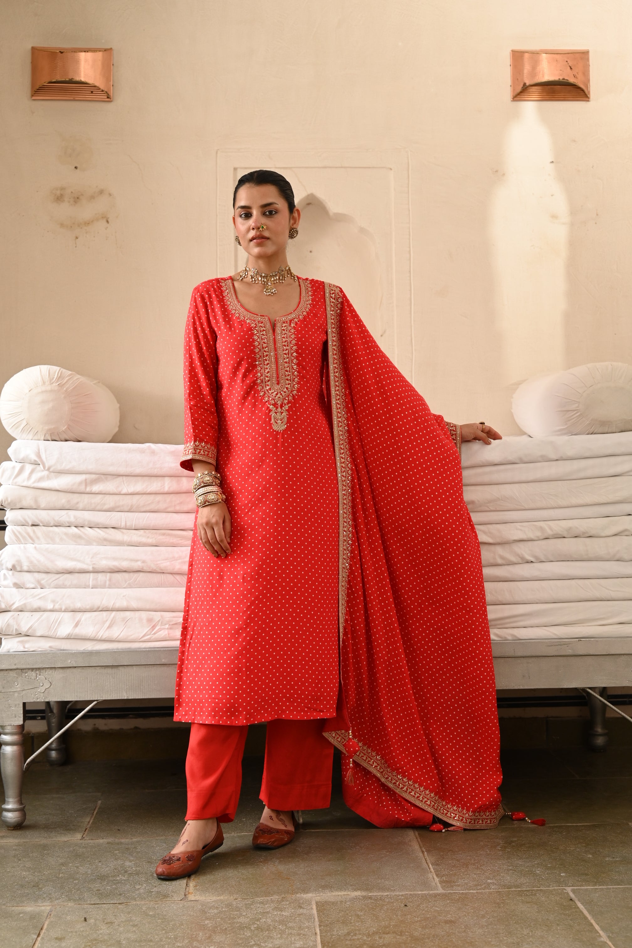 Red Embellished Pure Muslin Silk Pant Set
