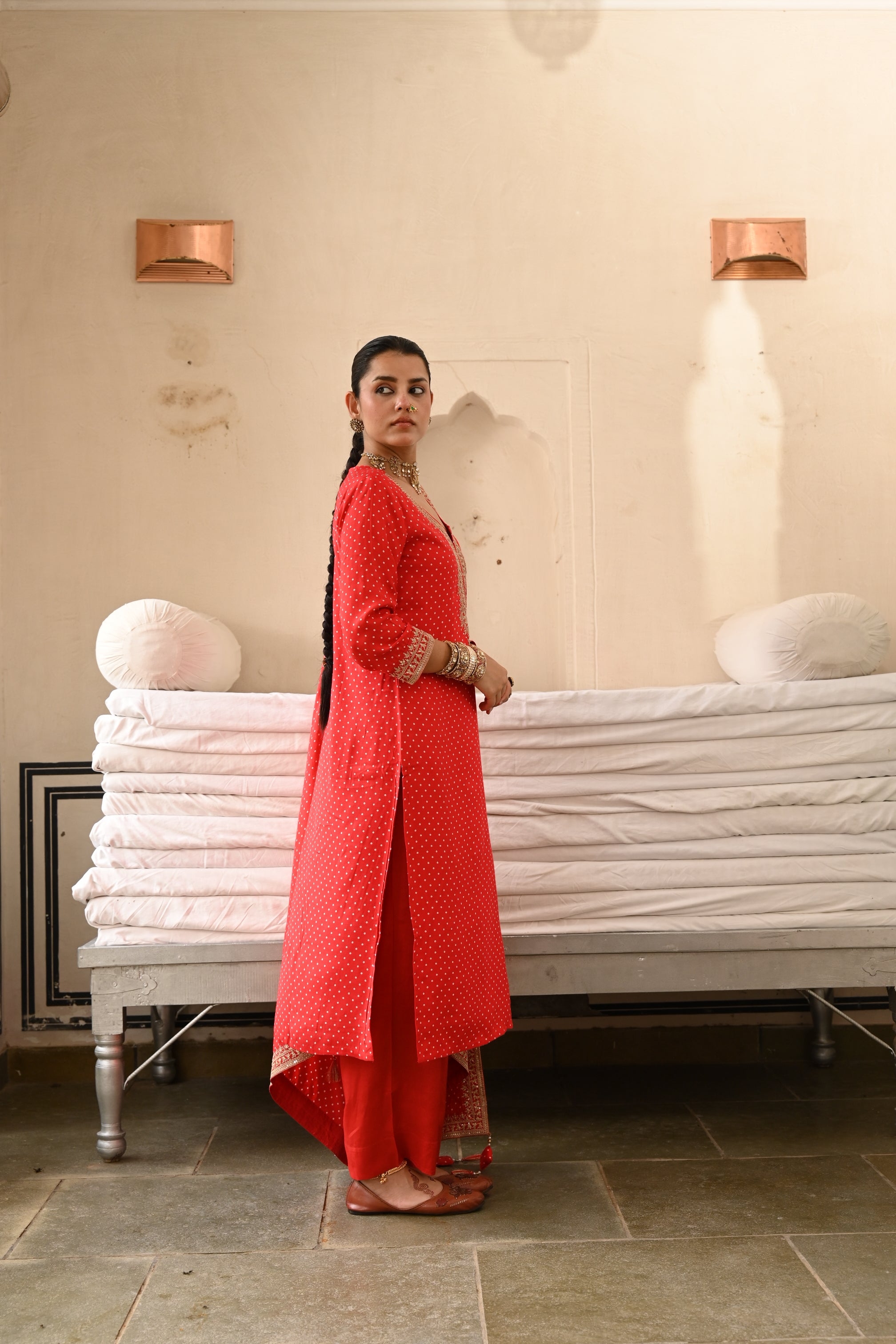 Red Embellished Pure Muslin Silk Pant Set
