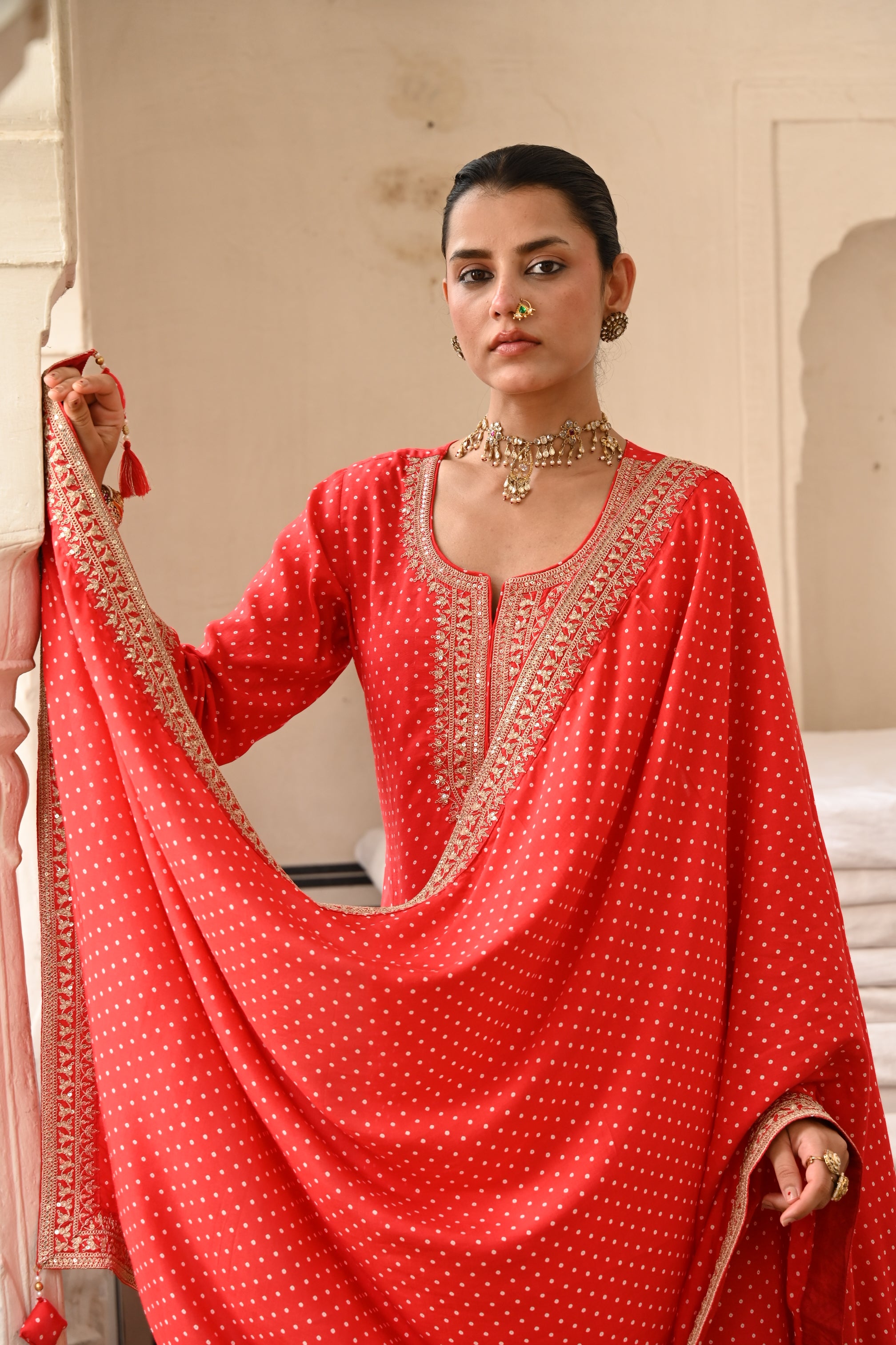 Red Embellished Pure Muslin Silk Pant Set